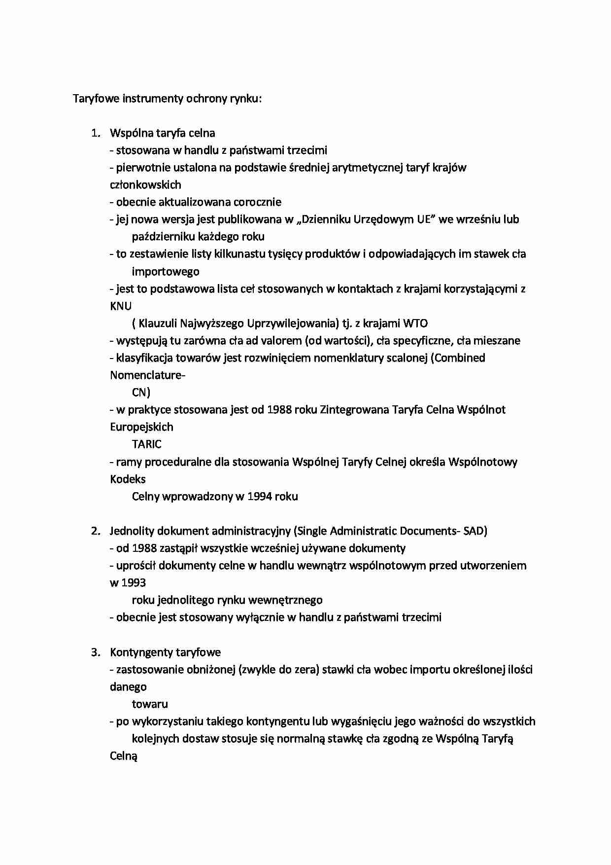 Taryfowe instrumenty ochrony rynku -opracowanie - strona 1
