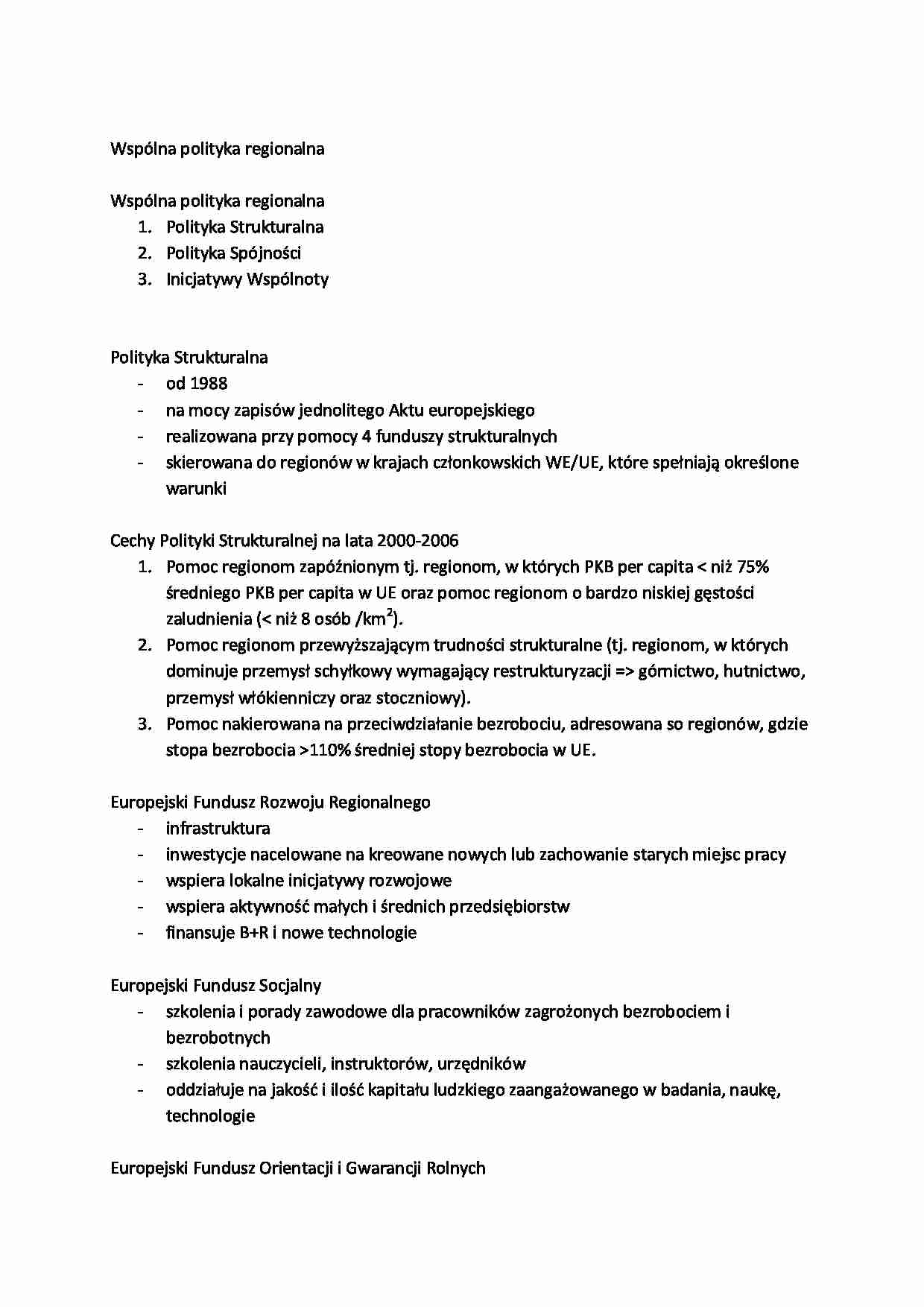 Wspólna polityka regionalna -opracowanie - strona 1