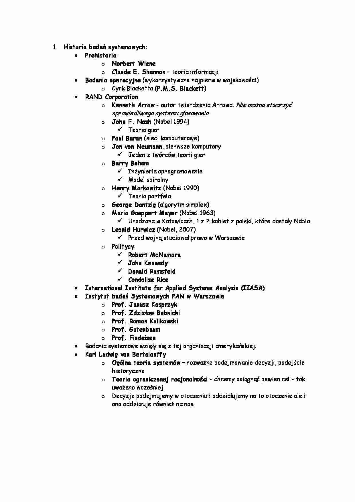 Historia badań systemowych -opracowanie - strona 1