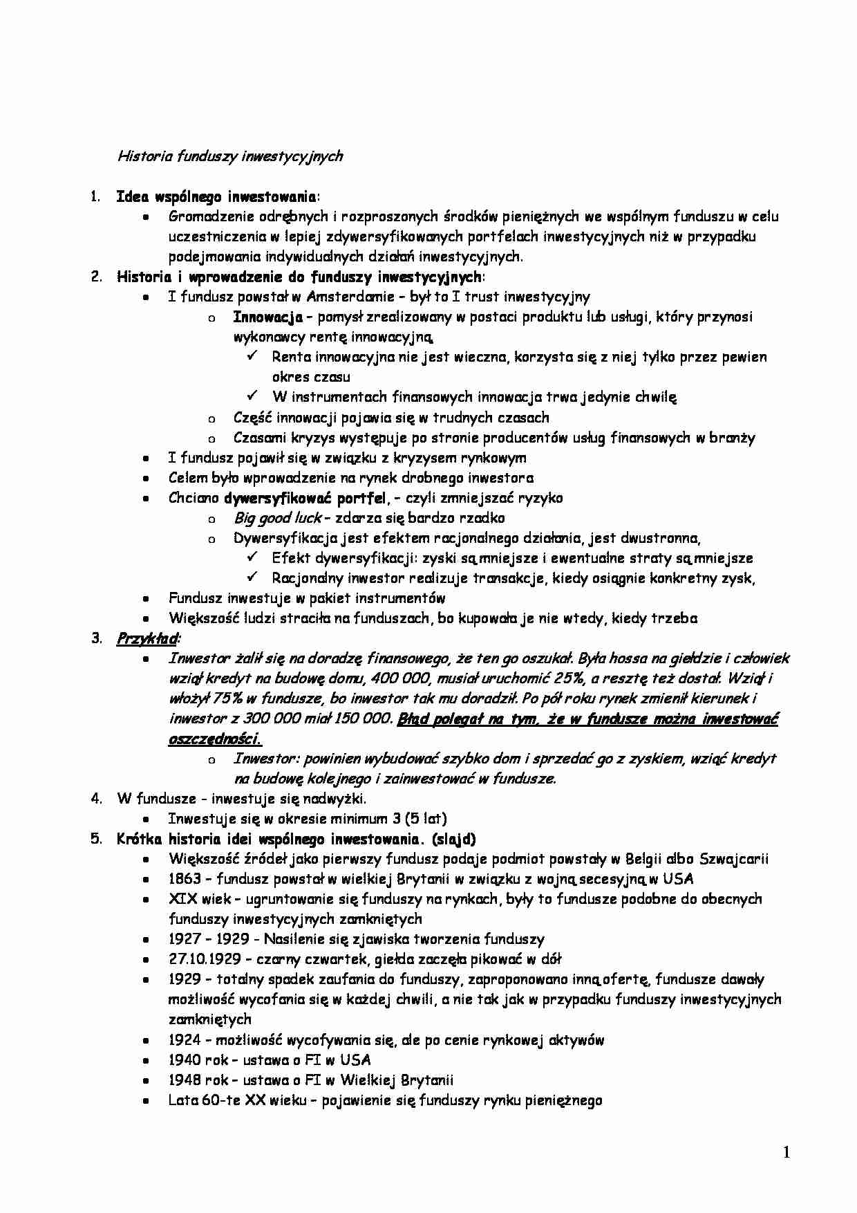 Historia funduszy inwestycyjnych -opracowanie - strona 1