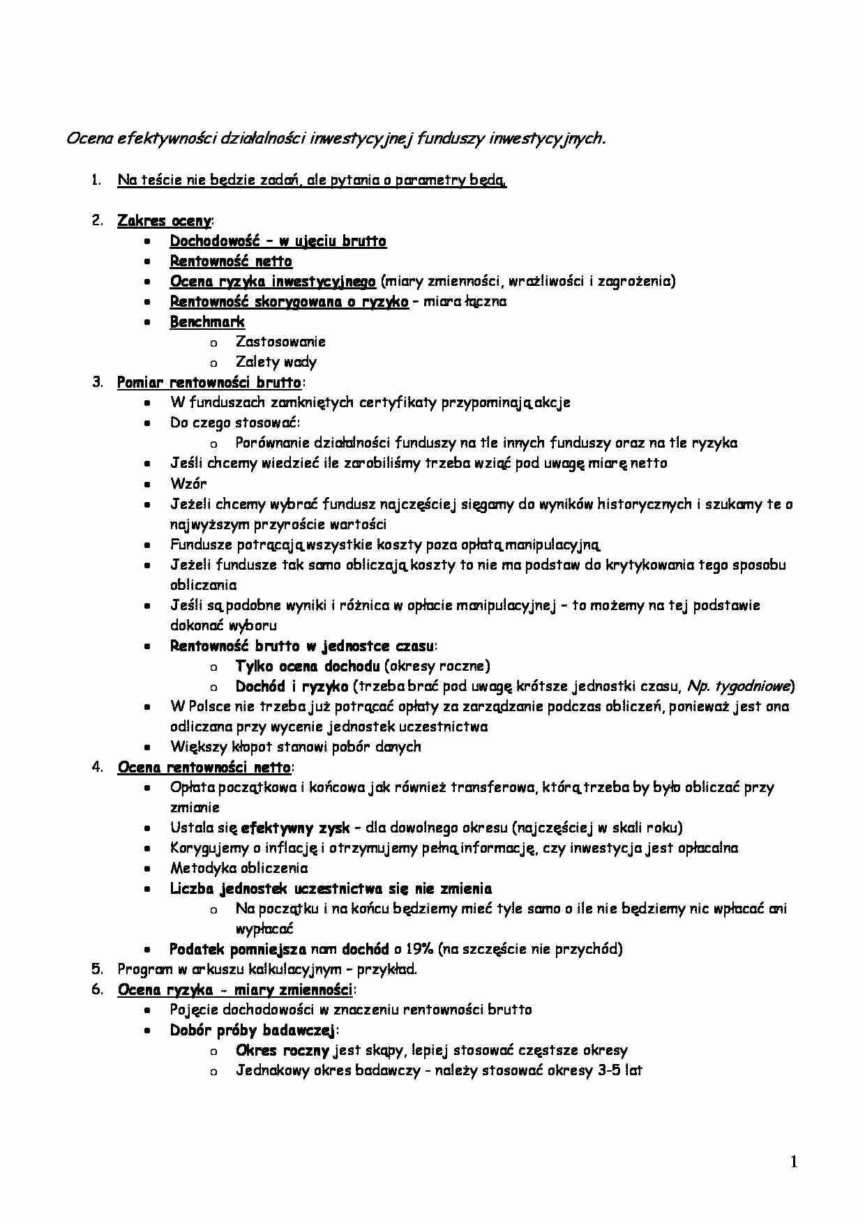 Ocena efektywności działalności inwestycyjnej funduszy inwestycyjnych -opracowanie - strona 1