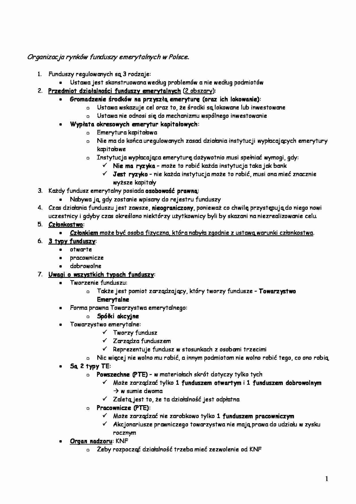 Organizacja rynków funduszy emerytalnych w Polsce -opracowanie - strona 1