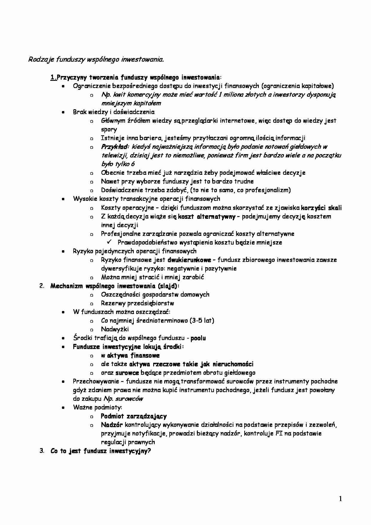 Rodzaje funduszy wspólnego inwestowania -opracowanie - strona 1