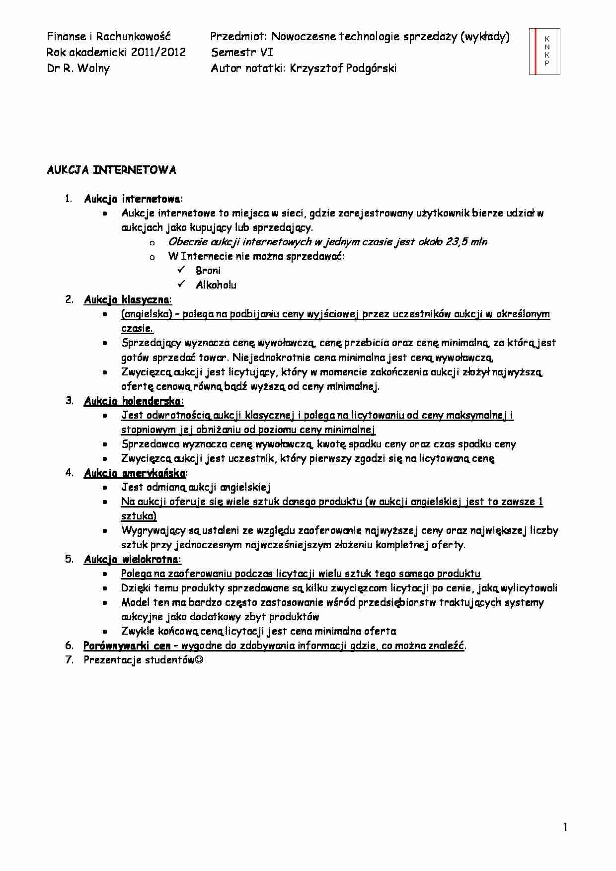 Aukcja internetowa - opracowanie - strona 1