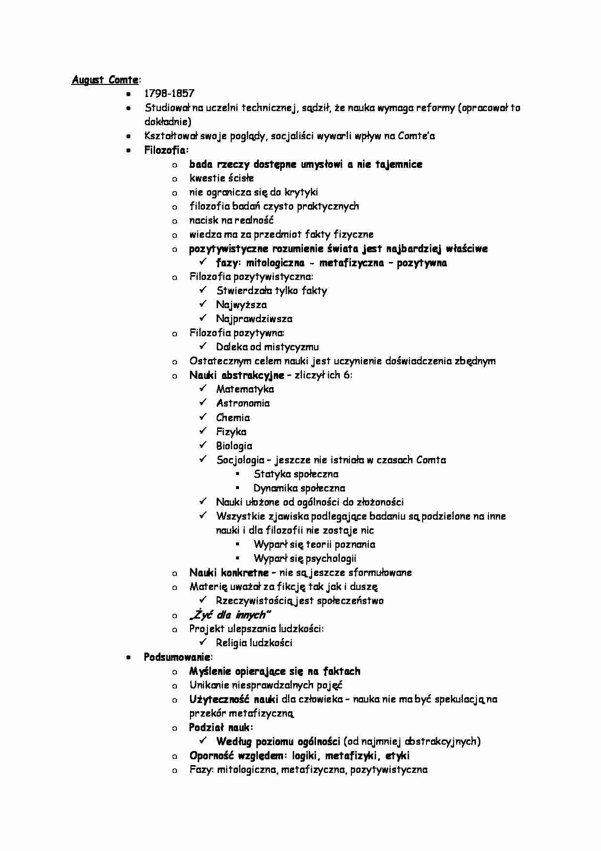 August Comte - Filozofia - opracowanie - strona 1