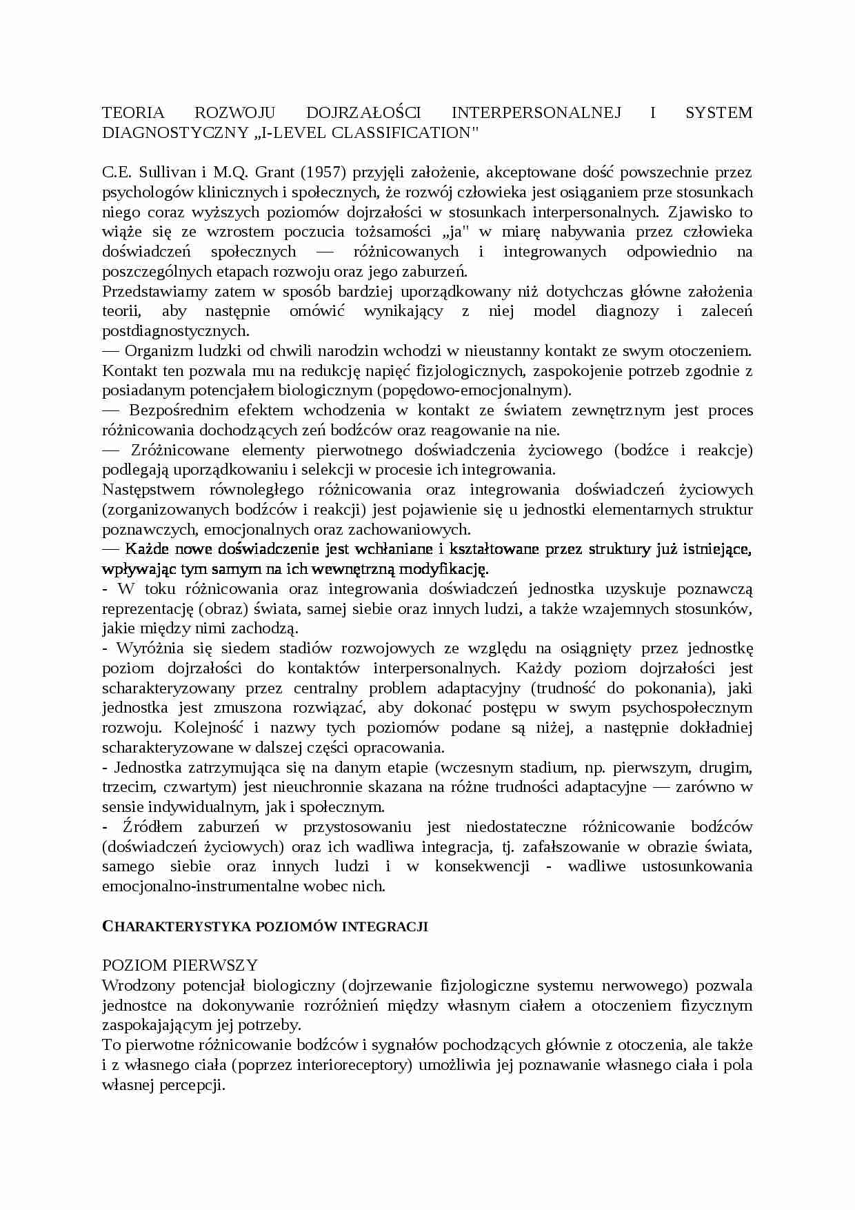 TEORIA ROZWOJU DOJRZAŁOŚCI INTERPERSONALNEJ I SYSTEM DIAGNOSTYCZNY 