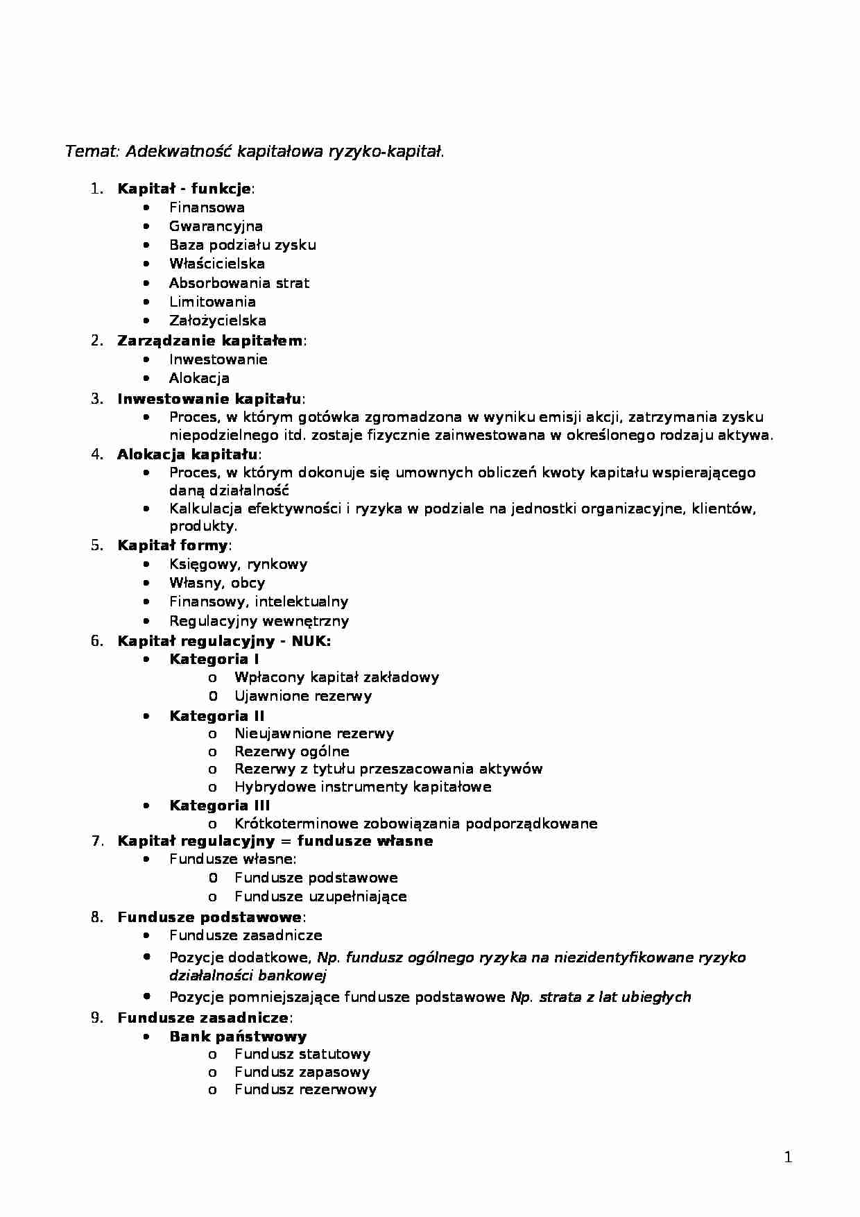 Adekwatność kapitałowa ryzyko-kapitał -wykład - strona 1