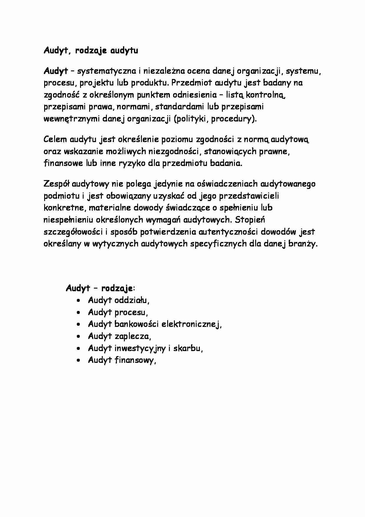 Audyt, rodzaje audytu -opracowanie - strona 1
