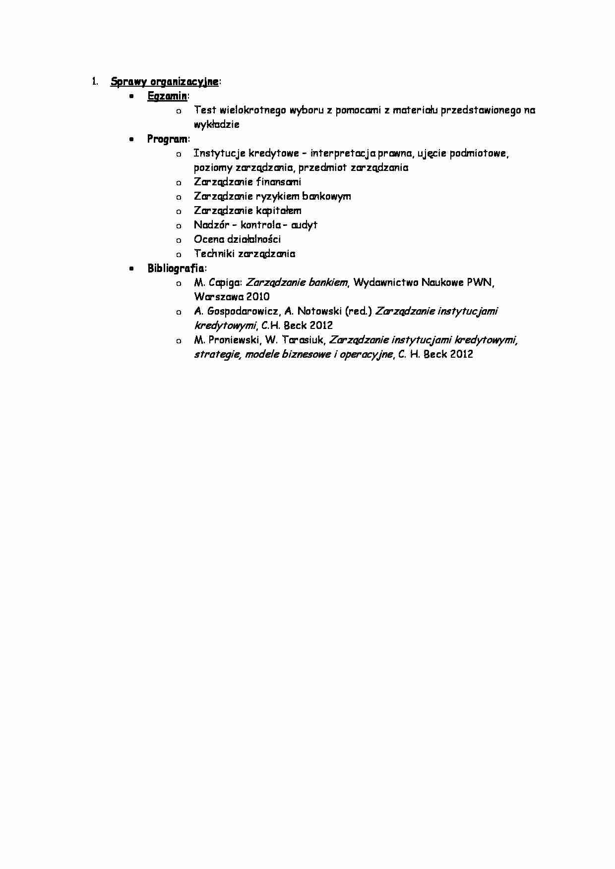 Zarządzanie instytucjami kredytowymi -sprawy organizacyjne egzaminu - strona 1