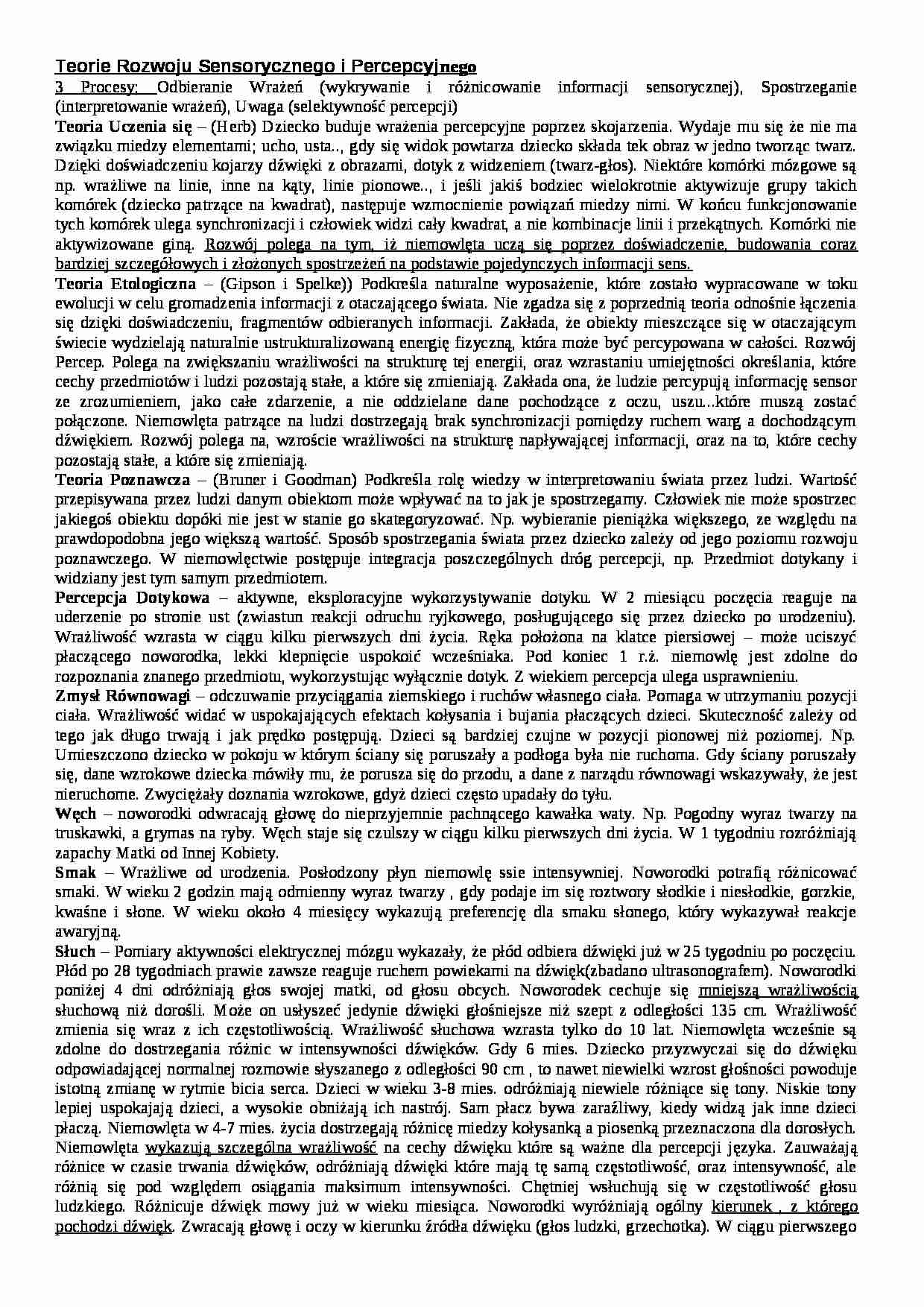 Teorie Rozwoju Sensorycznego i Percepcyjnego- pedagogika - strona 1