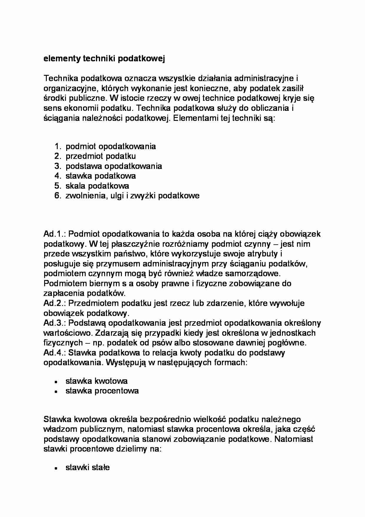 Elementy techniki podatkowej-opracowanie - strona 1
