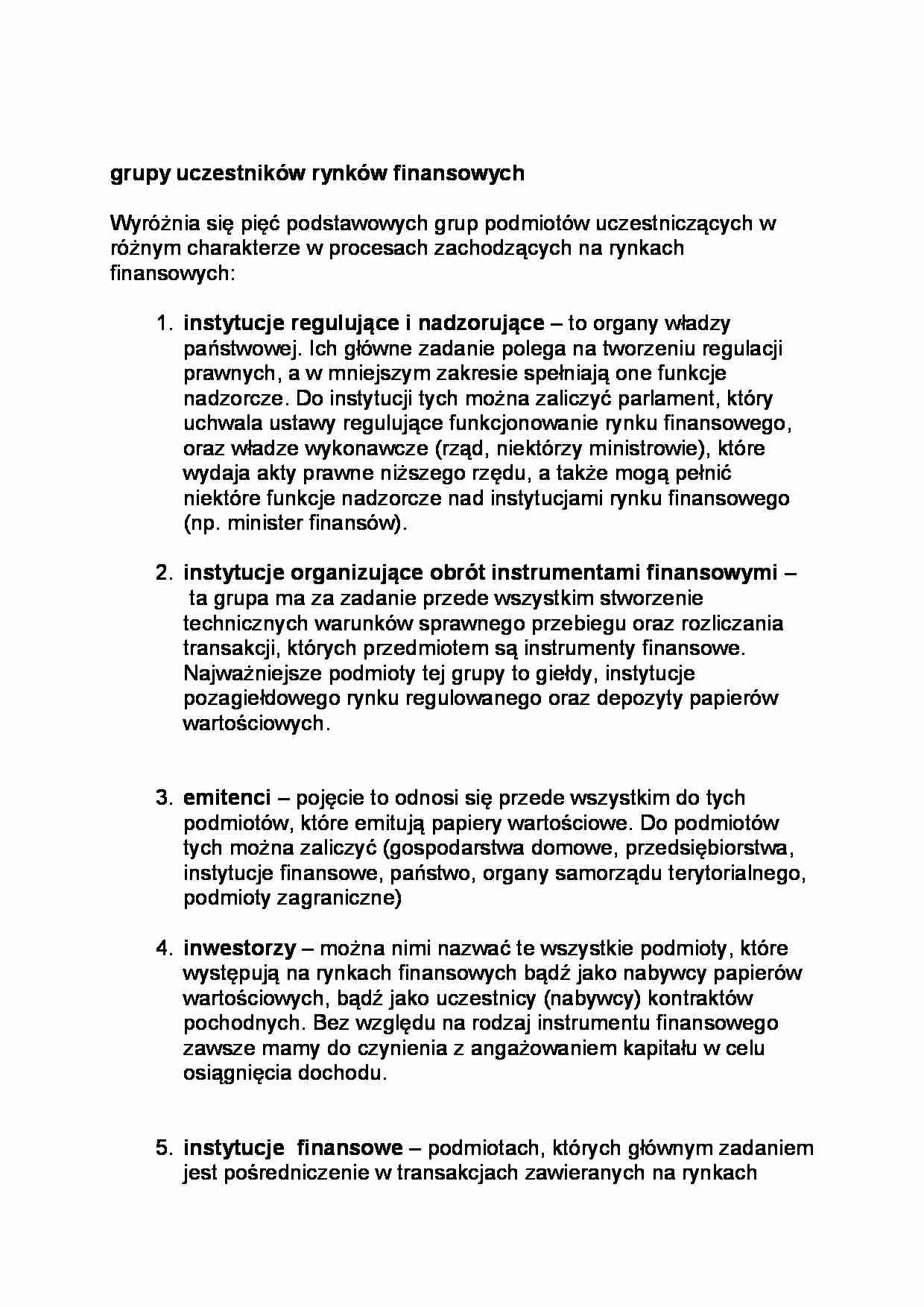 Grupy uczestników rynków finansowych-opracowanie - strona 1