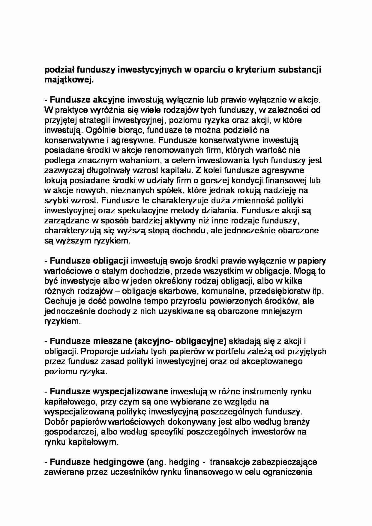 Podział funduszy inwestycyjnych w oparciu o kryterium substancji majątkowej-opracowanie - strona 1