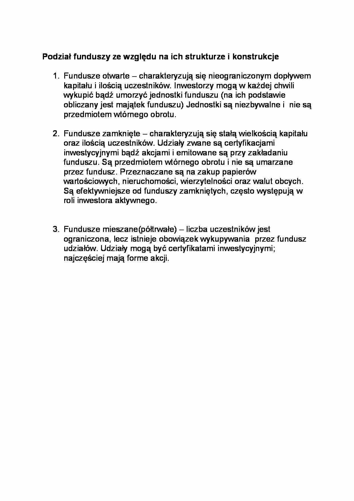 Podział funduszy ze względu na ich strukturze i konstrukcje-opracowanie - strona 1