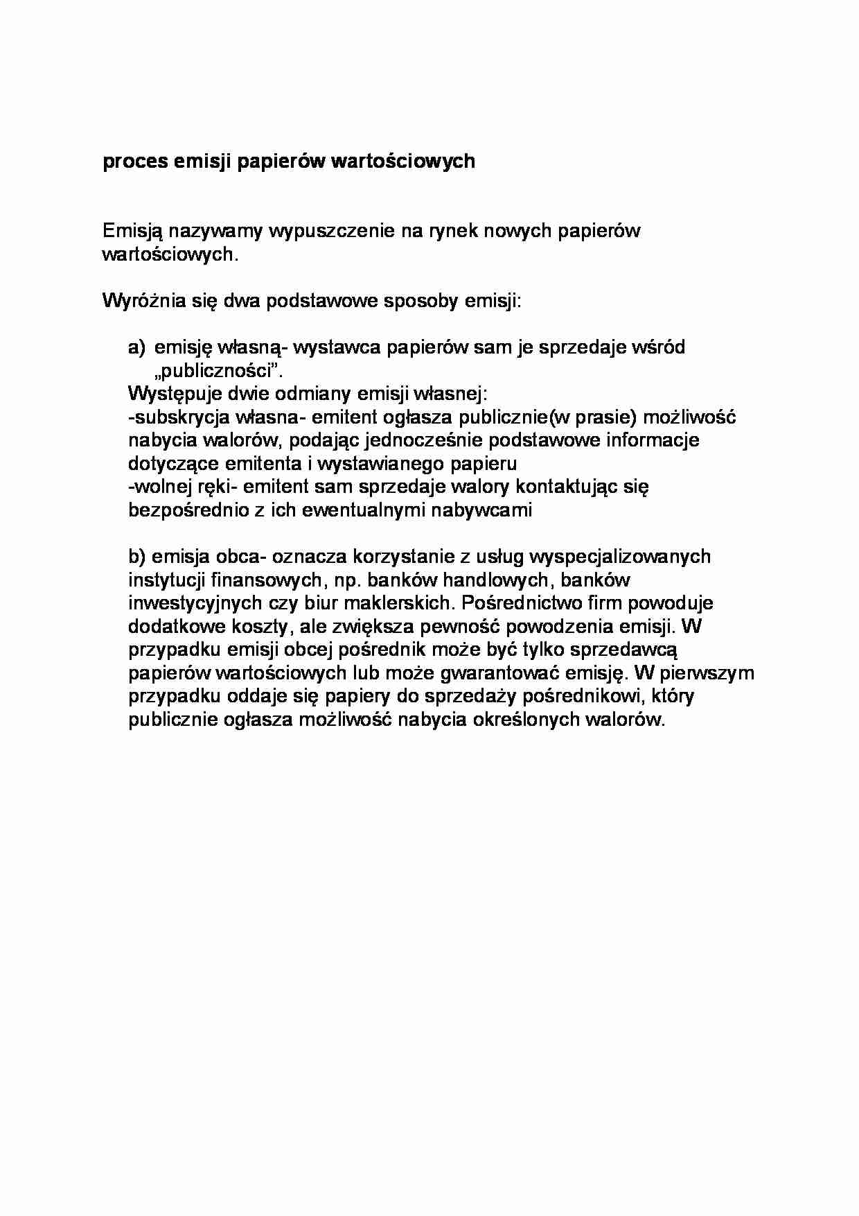 Proces emisji papierów wartościowych-opracowanie - strona 1