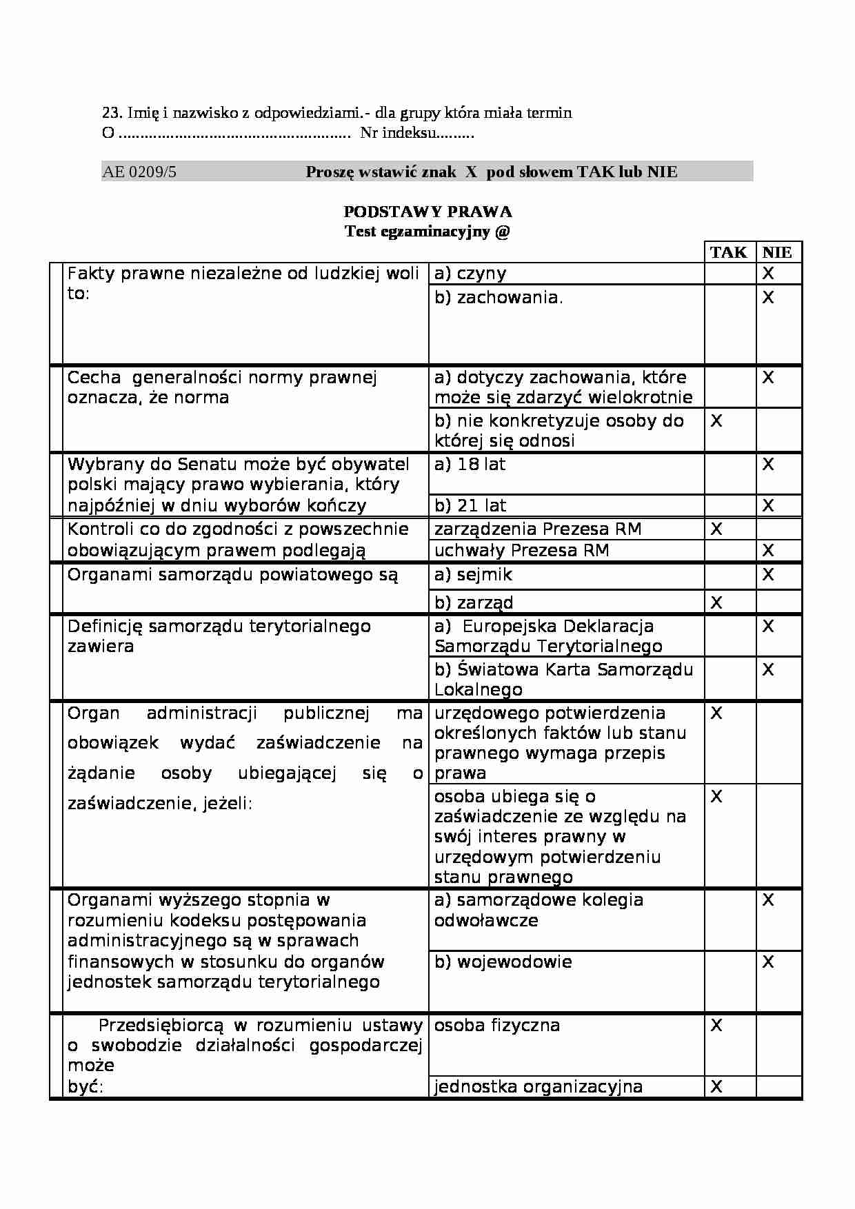 Podstawy Prawa- pytania i odpowiedzi egzaminacyjne rok 2009 - strona 1