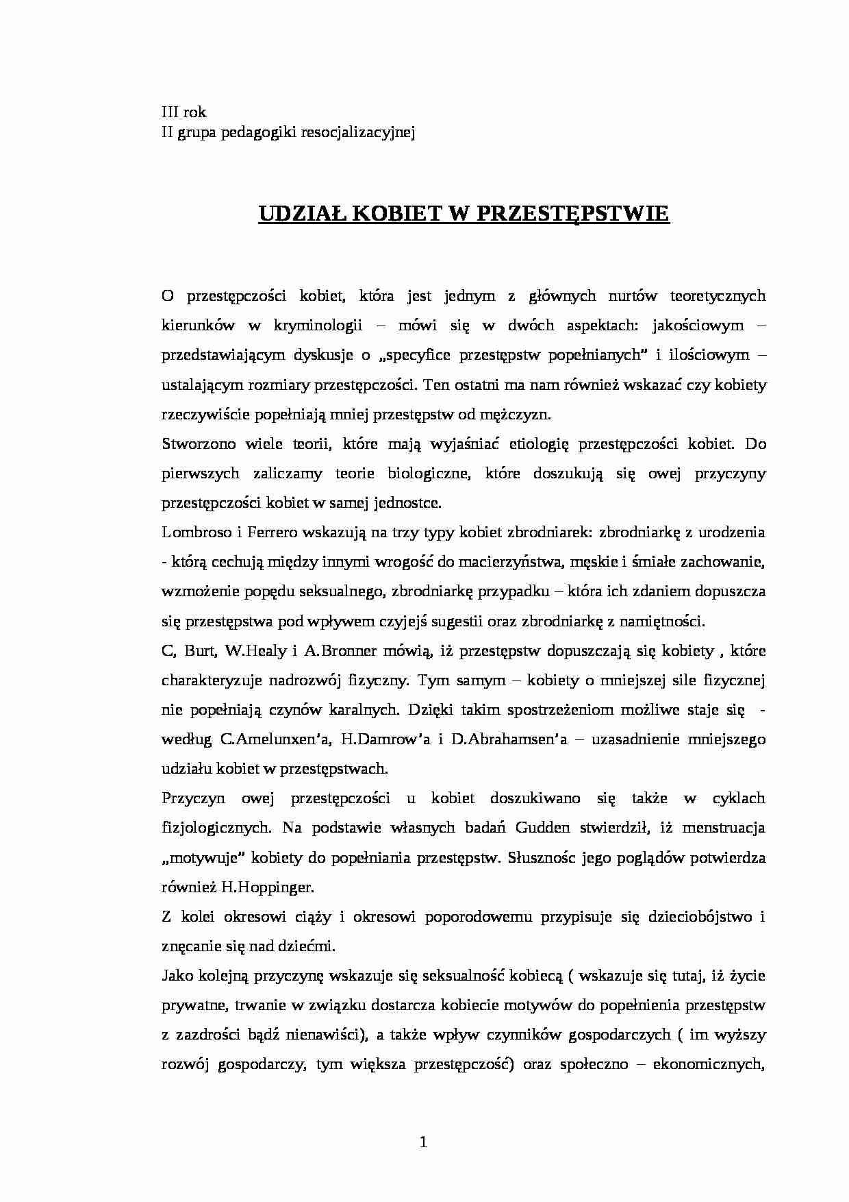 UDZIAŁ KOBIET W PRZESTĘPSTWIE- pedagogika - strona 1