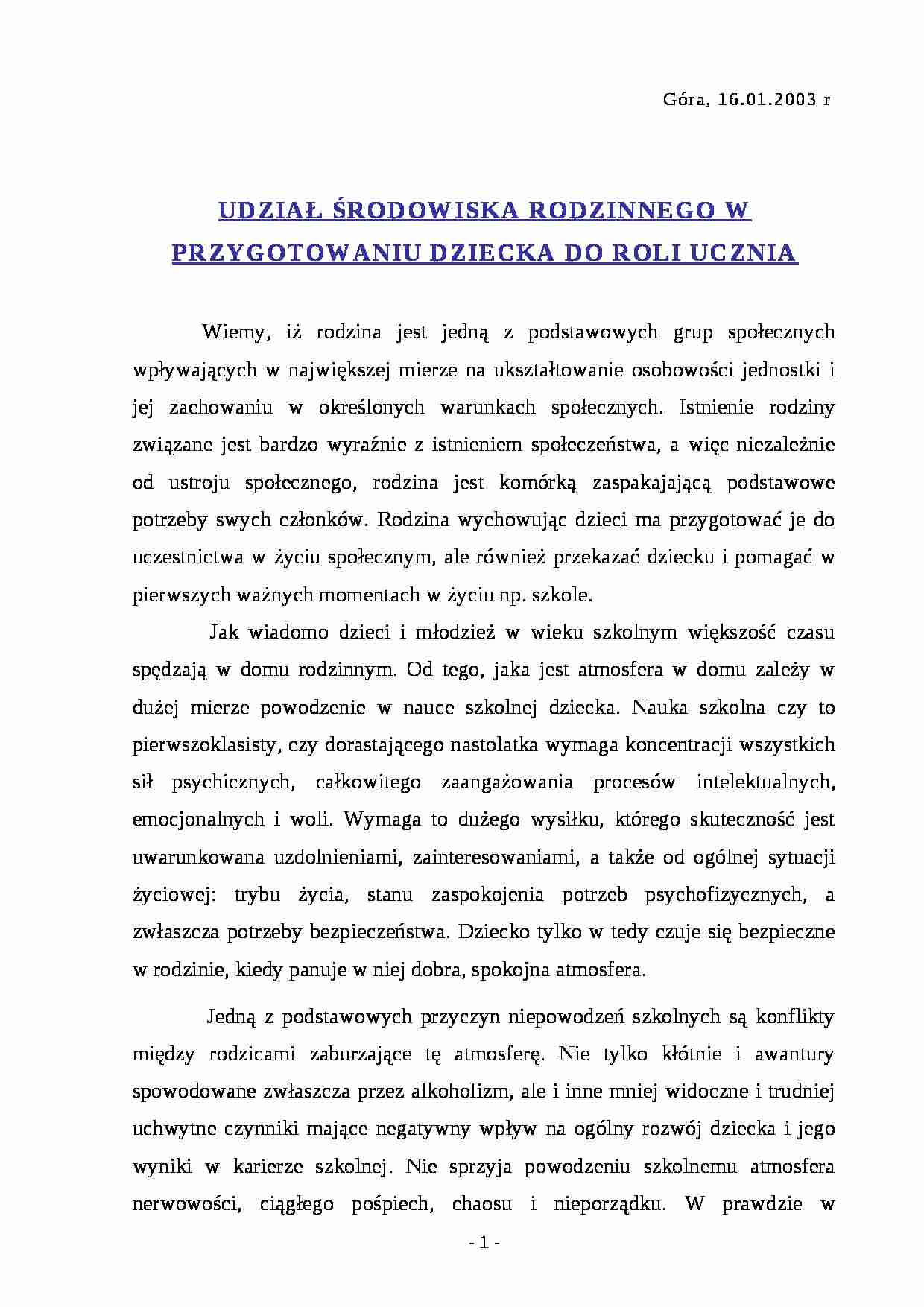 UDZIAŁ ŚRODOWISKA RODZINNEGO W PRZYGOTOWANIU DZIECKA DO ROLI UCZNIA- pedagogika - strona 1