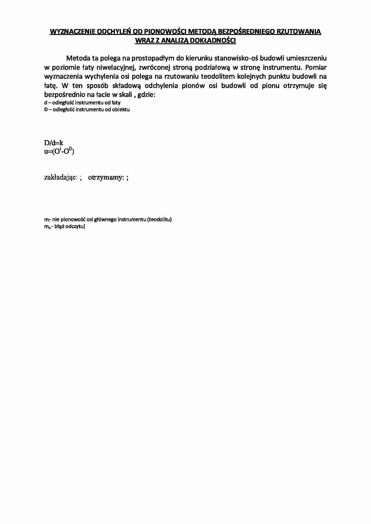 Wyznaczanie odchyleń od pionowości metodą bezpośredniego rzutowania-opracowanie - strona 1