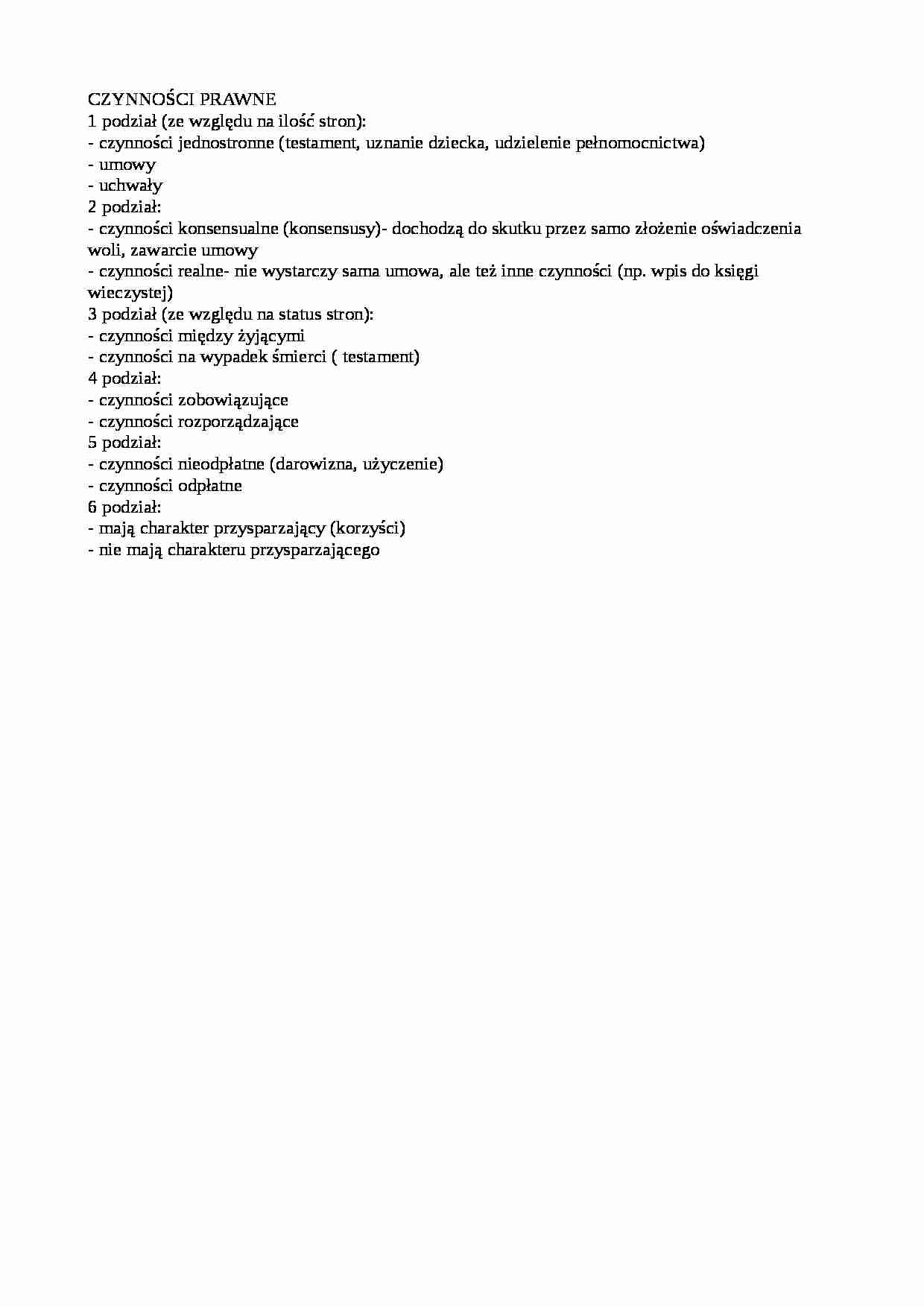 Podziały czynności prawnych-opracowanie - strona 1