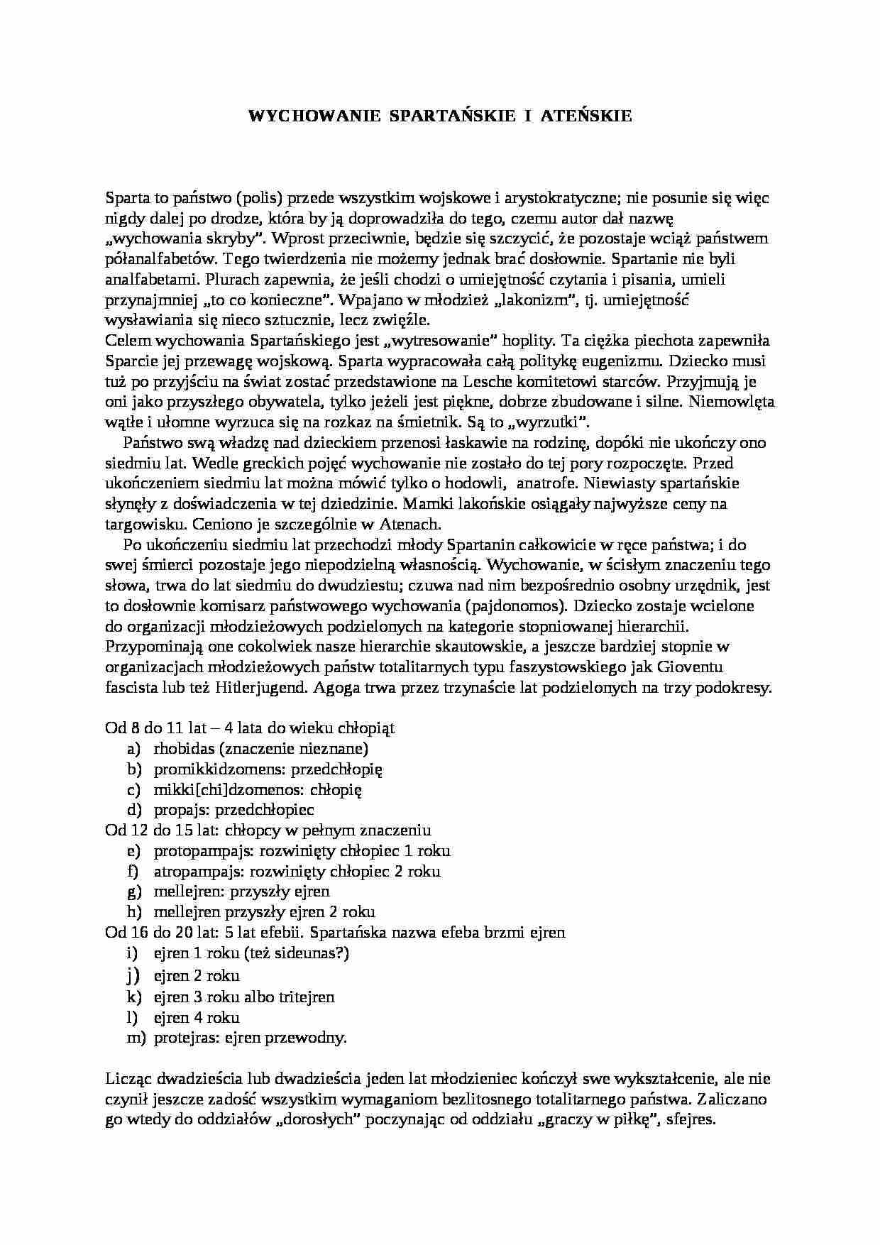 WYCHOWANIE  SPARTAŃSKIE  I  ATEŃSKIE- pedagogika - strona 1