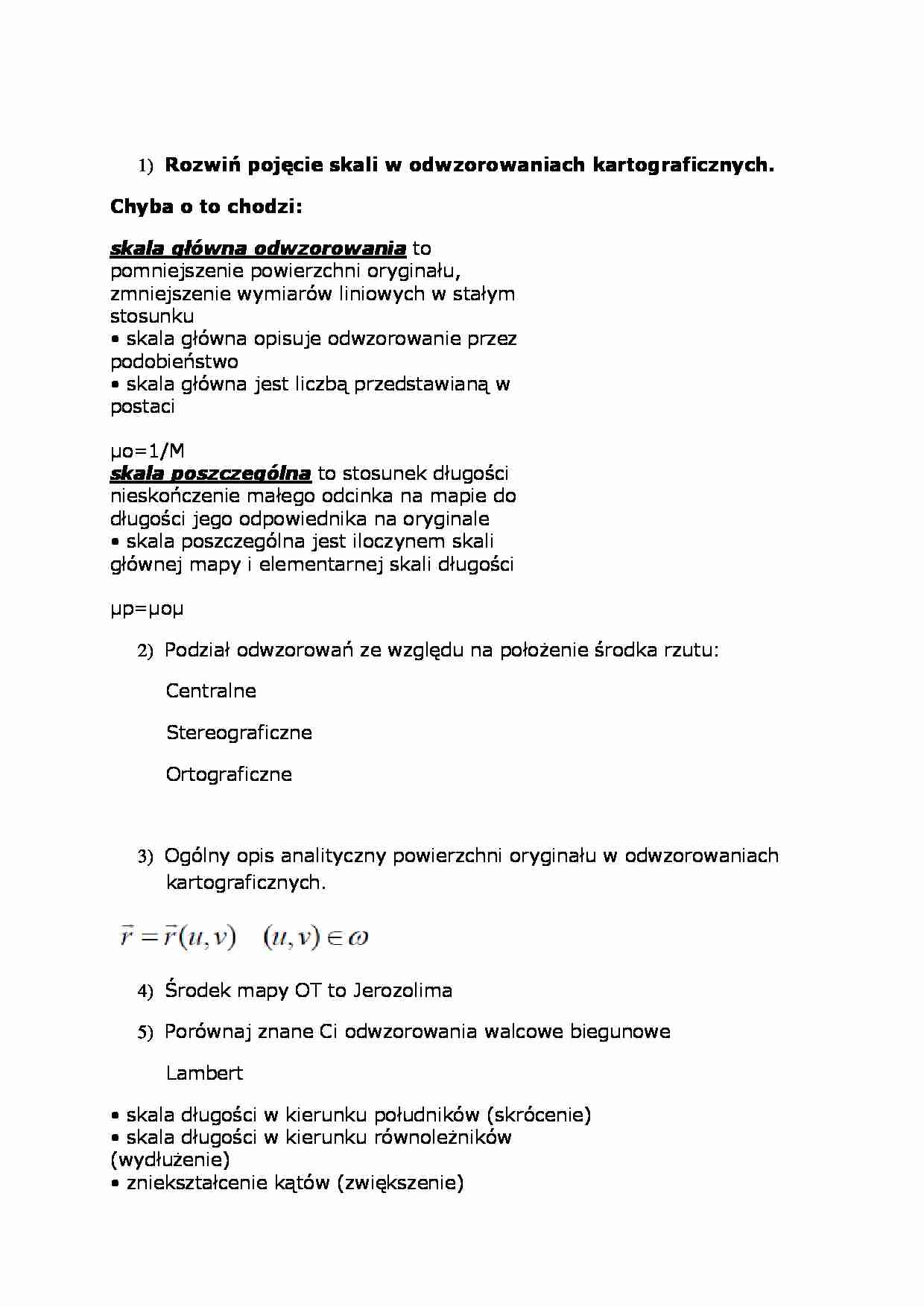 Pytania i odpowiedzi na kolokwium -  skali w odwzorowaniach kartograficznych - strona 1