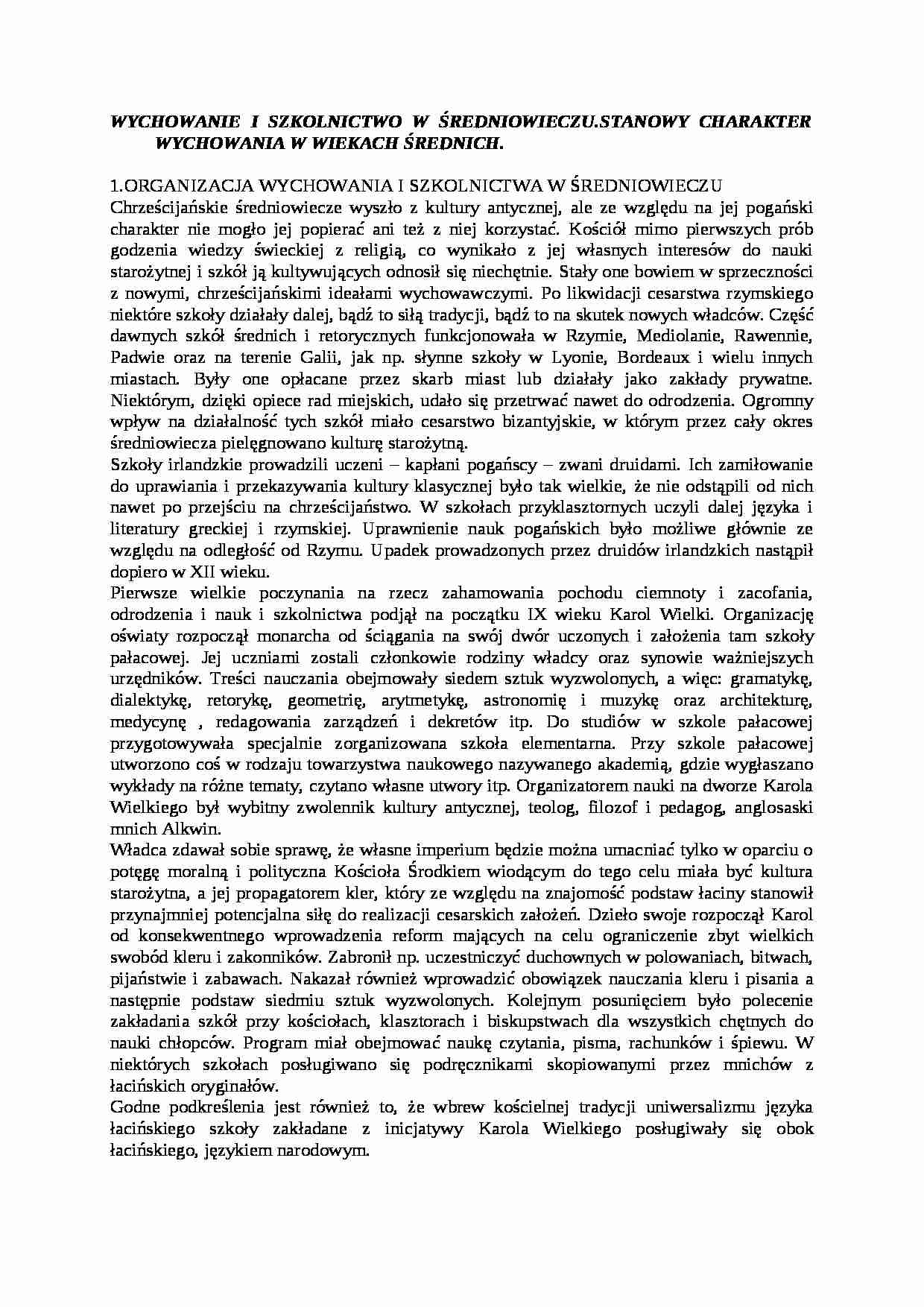 WYCHOWANIE I SZKOLNICTWO W ŚREDNIOWIECZUSTANOWY CHARAKTER WYCHOWANIA W WIEKACH ŚREDNICH- pedagogika - strona 1