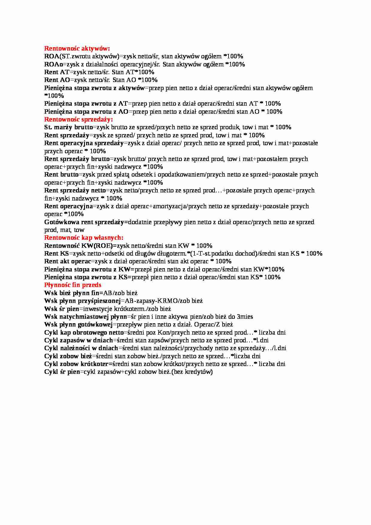 analiza ekonomiczna- wzory - wskaźnik poziomu zadłużenia przedsiębiorstwa - strona 1