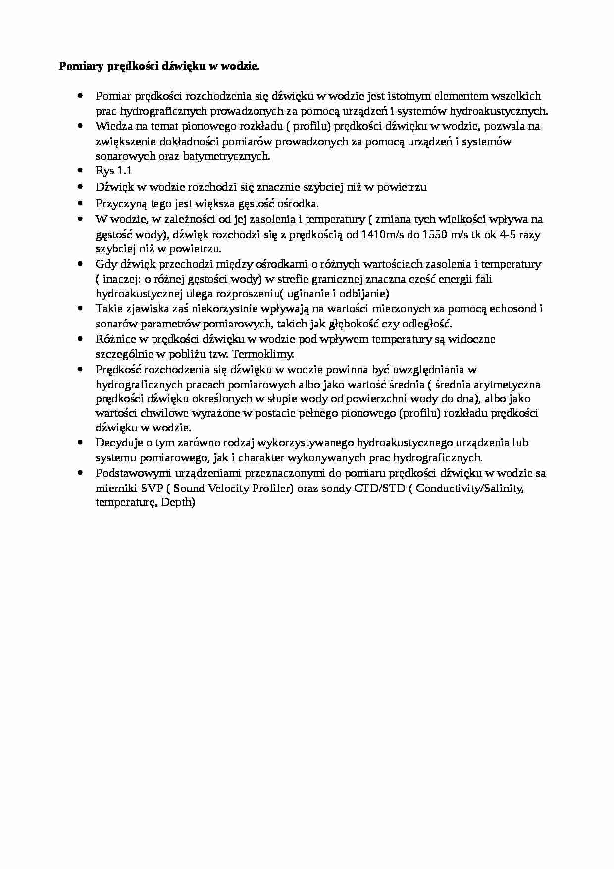 Pomiary prędkości dźwięku w wodzie-opracowanie - strona 1