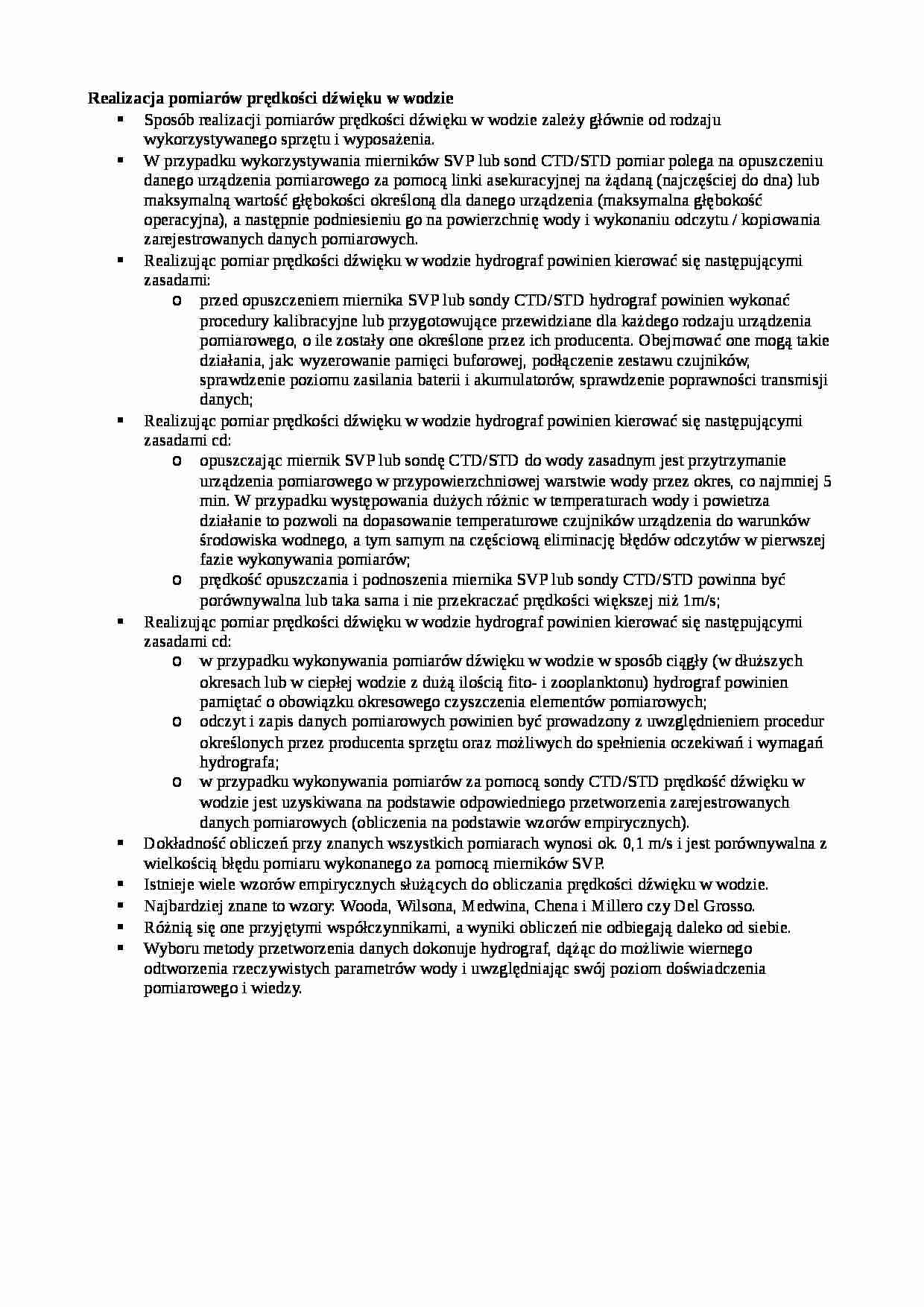 Realizacja pomiarów prędkości dźwięku w wodzie-opracowanie - strona 1