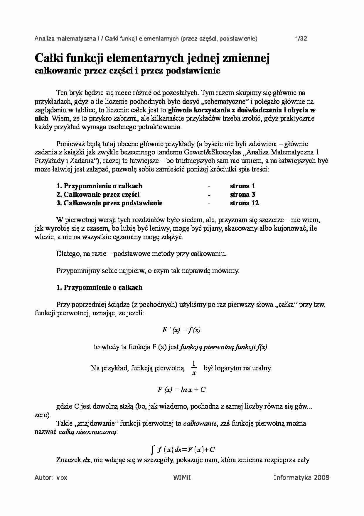 Całki funkcji elementarnych jednnej zmiennej - omówienie - strona 1