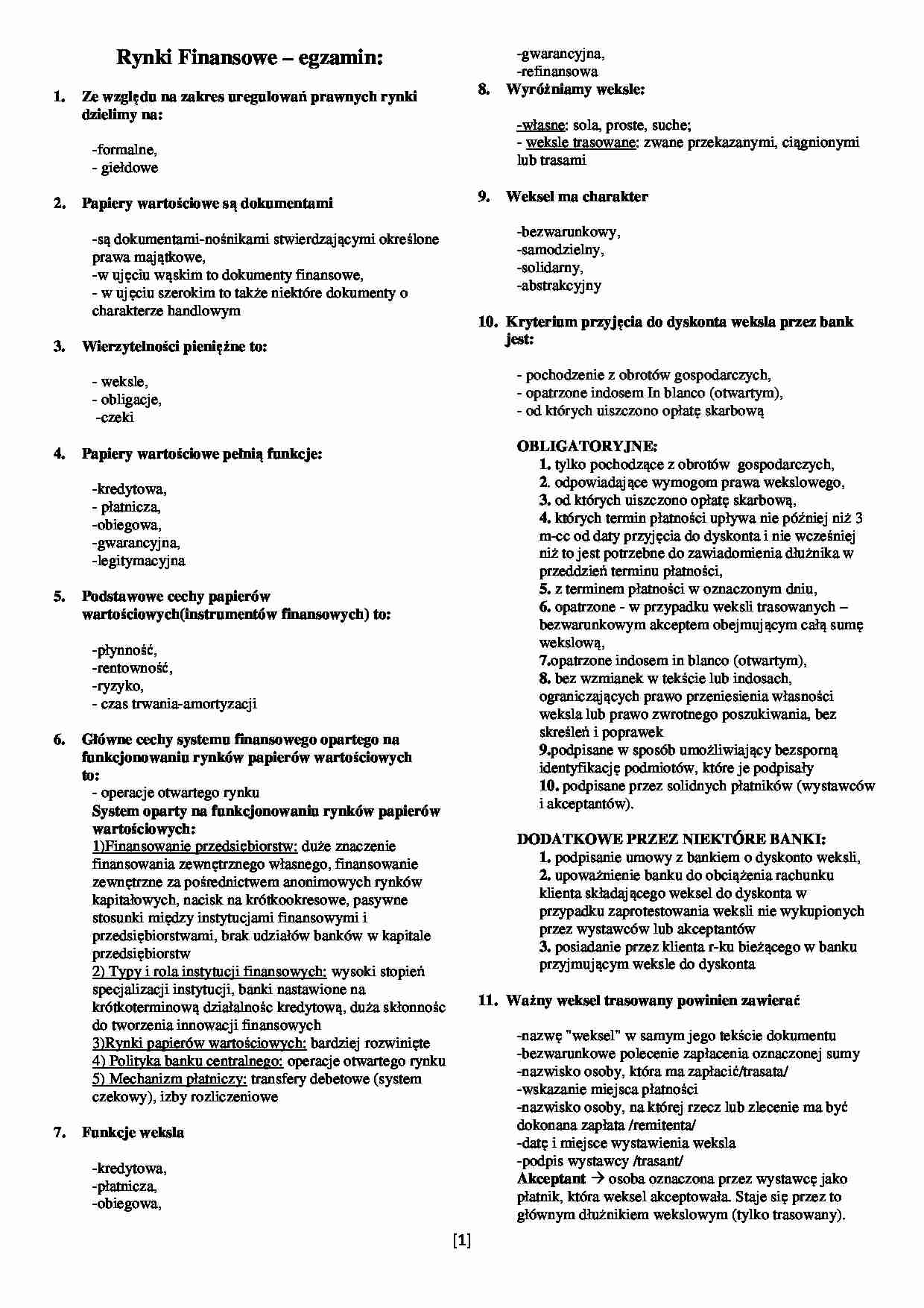 Rynki Finansowe pytania na egzamin - strona 1