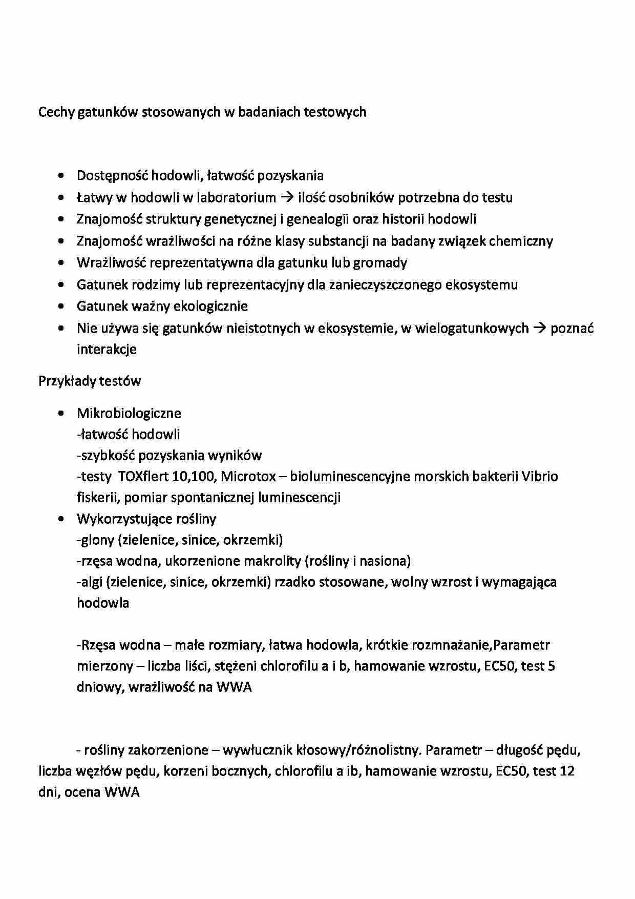 Cechy gatunków stosowanych w badaniach testowych - wykład - strona 1