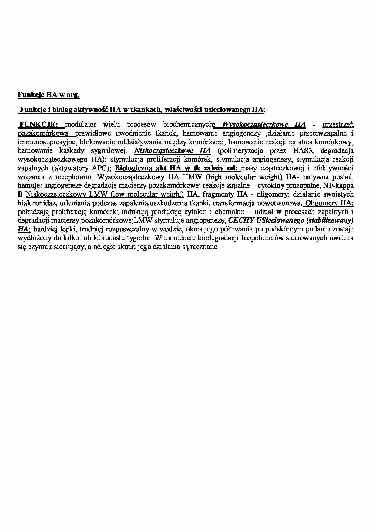 Funkcje HA w organizmie - wykład - strona 1