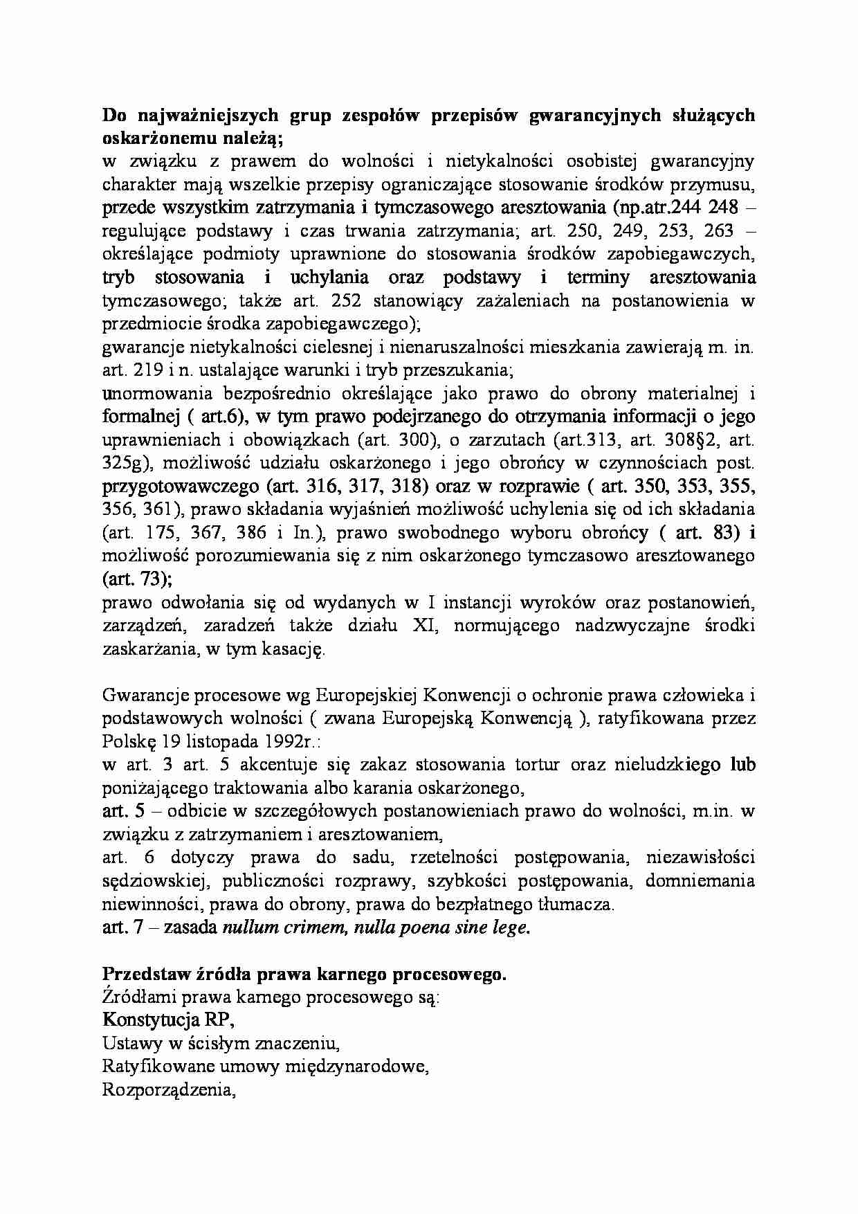 Najważniejsze grup zespołów przepisów gwarancyjnych służących oskarżonemu-opracowanie - strona 1