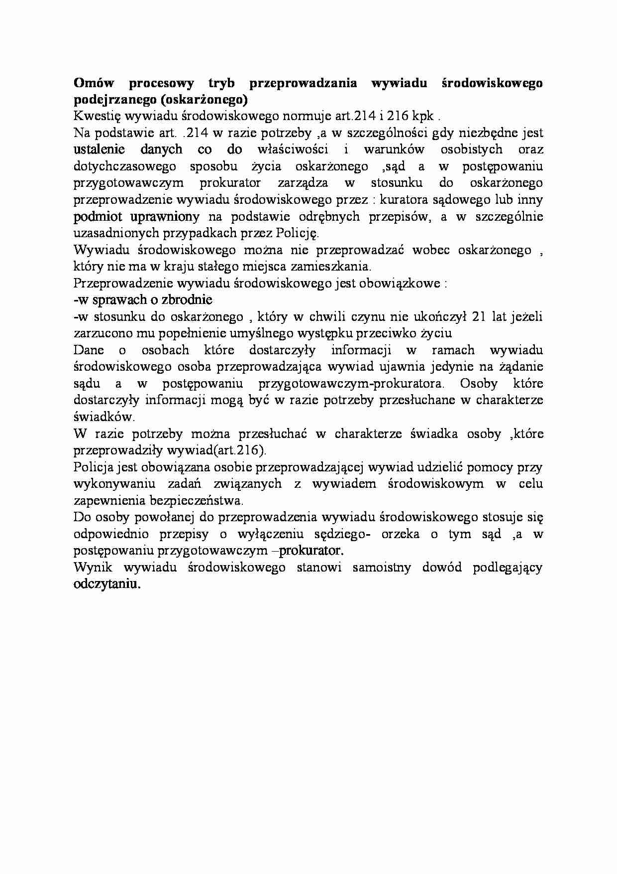 Procesowy tryb przeprowadzania wywiadu środowiskowego podejrzanego-opracowanie - strona 1