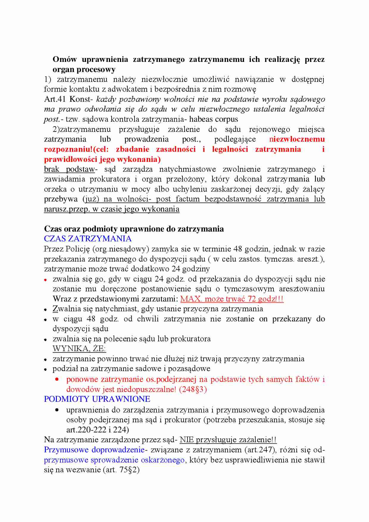 Uprawnienia zatrzymanego zatrzymanemu ich realizację przez organ procesowy-opracowanie - strona 1