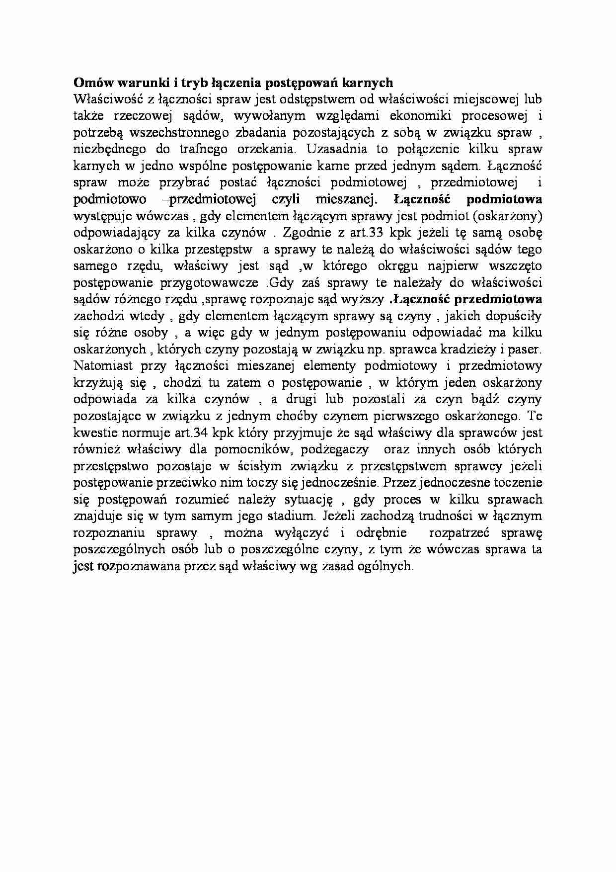 Warunki i tryb łączenia postępowań karnych-opracowanie - strona 1