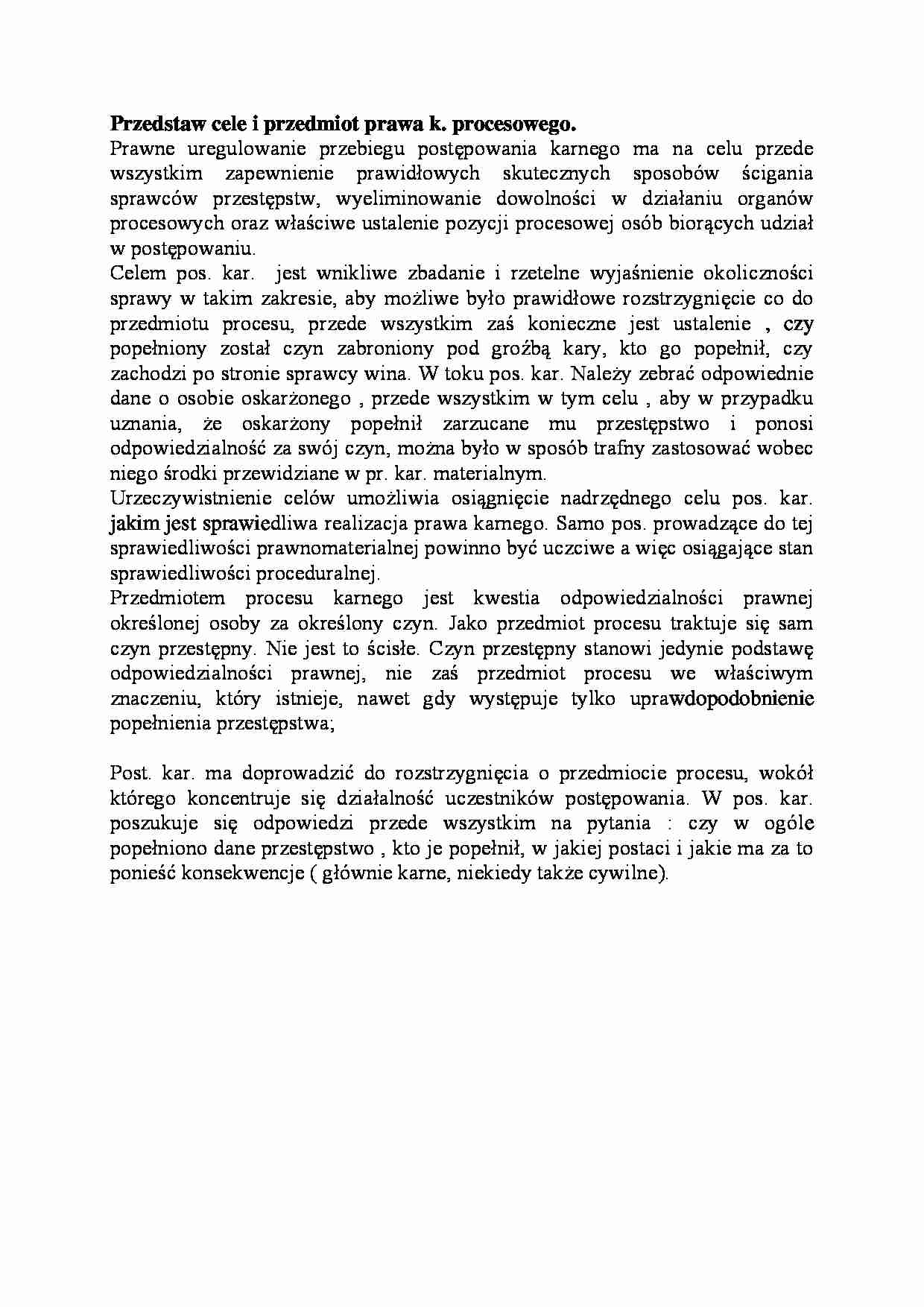Cele i przedmiot prawa karnego procesowego-opracowanie - strona 1