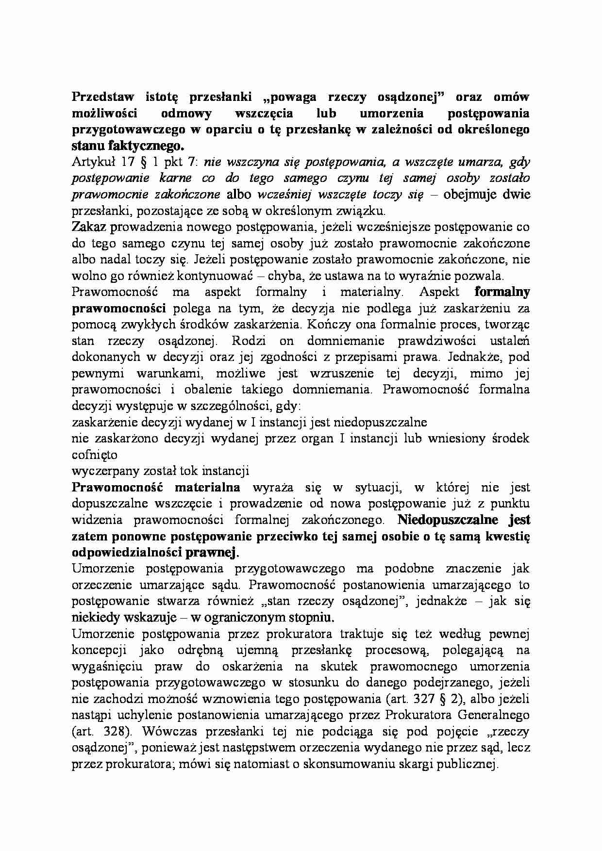 Istota przesłanki „powaga rzeczy osądzonej”-opracowanie - strona 1