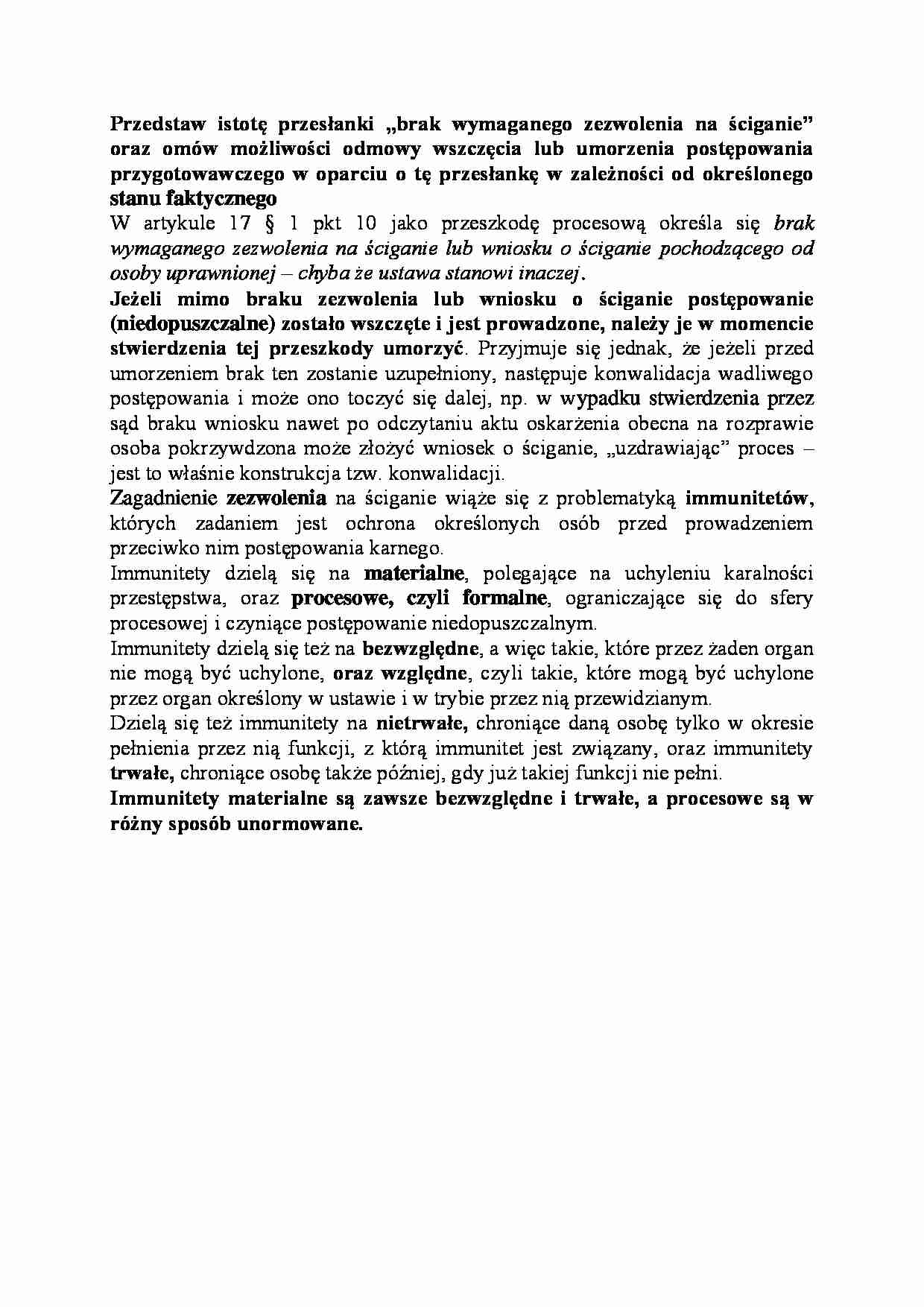 Istota przesłanki „brak wymaganego zezwolenia na ściganie”-opracowanie - strona 1