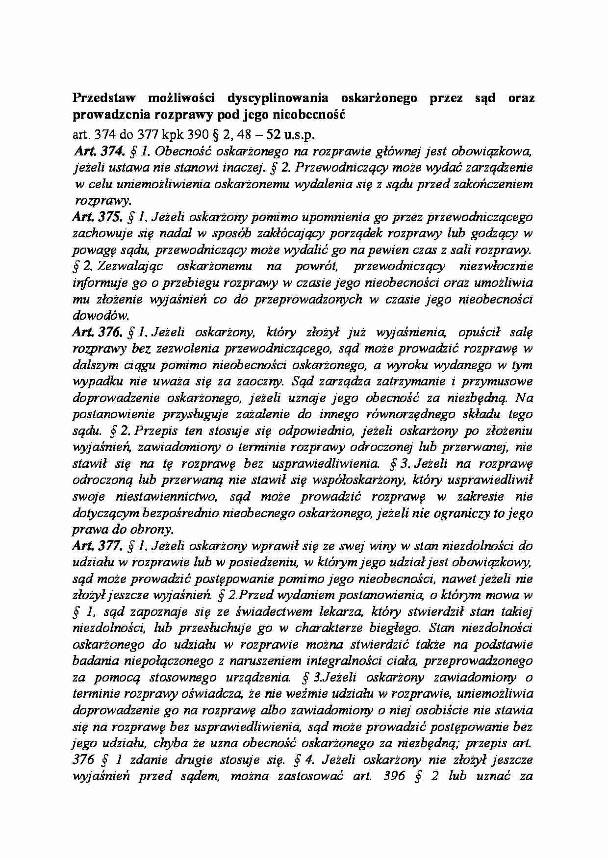 Możliwości dyscyplinowania oskarżonego przez sąd oraz prowadzenia rozprawy pod jego nieobecność-opracowanie - strona 1