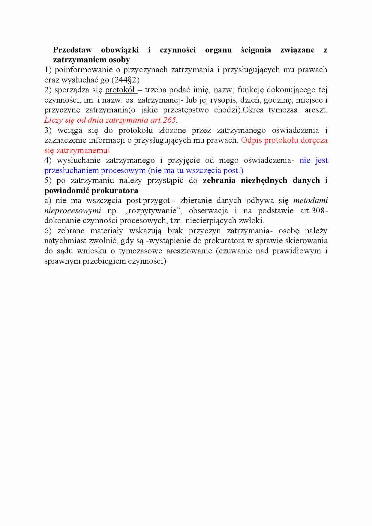 Obowiązki i czynności organu ścigania związane z zatrzymaniem osoby-opracowanie - strona 1