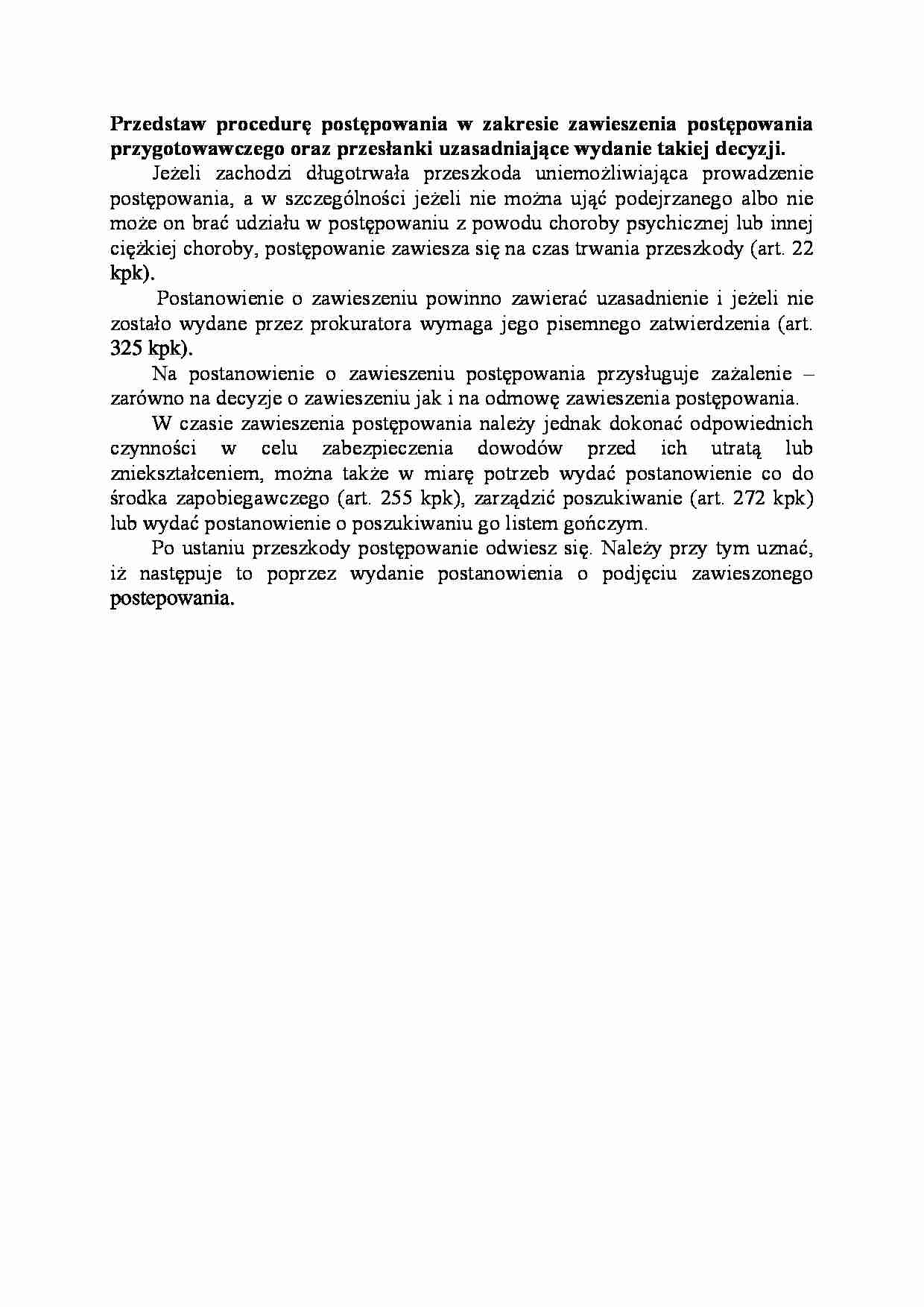 Procedura postępowania w zakresie zawieszenia postępowania przygotowawczego oraz przesłanki uzasadniające wydanie takiej decyzji-opracowanie - strona 1