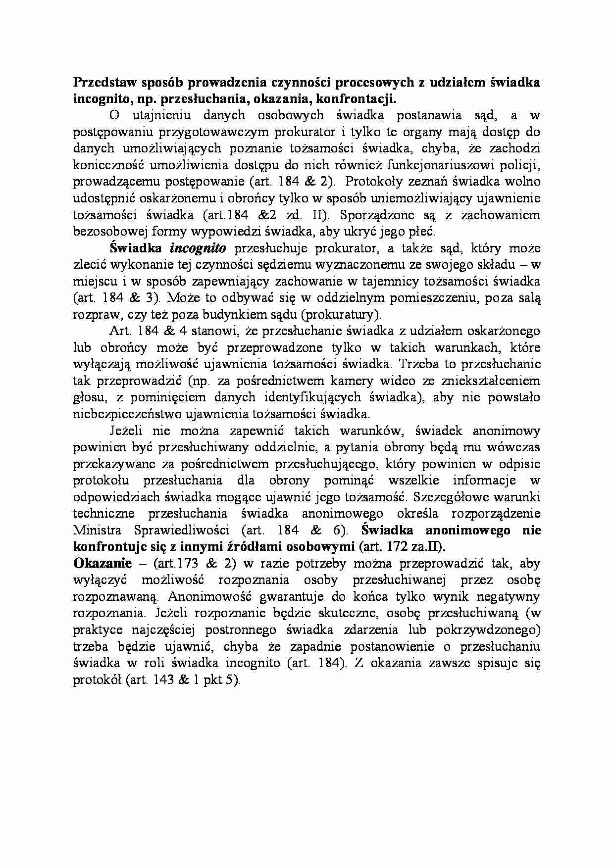 Sposób prowadzenia czynności procesowych z udziałem świadka incognito-opracowanie - strona 1