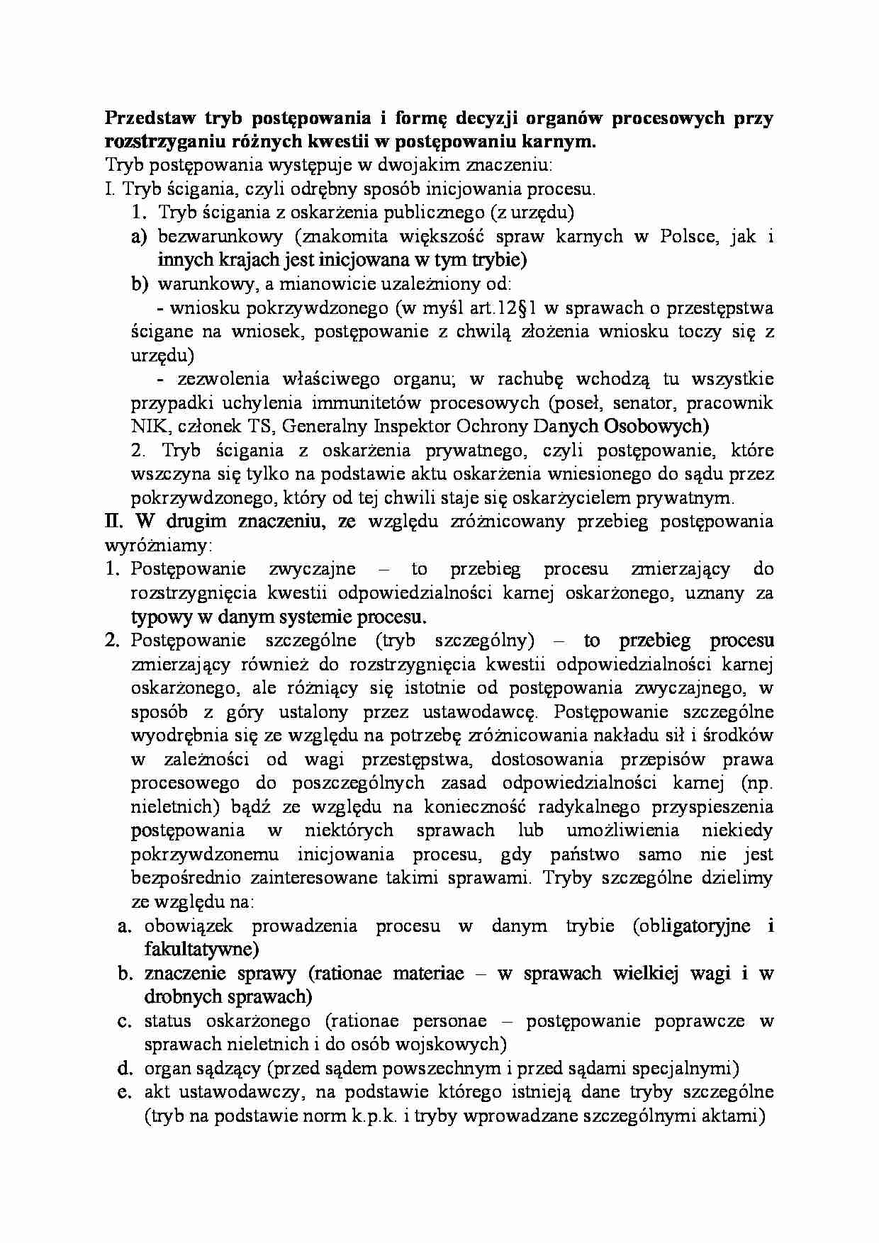 Tryb postępowania i forma decyzji organów procesowych-opracowanie - strona 1