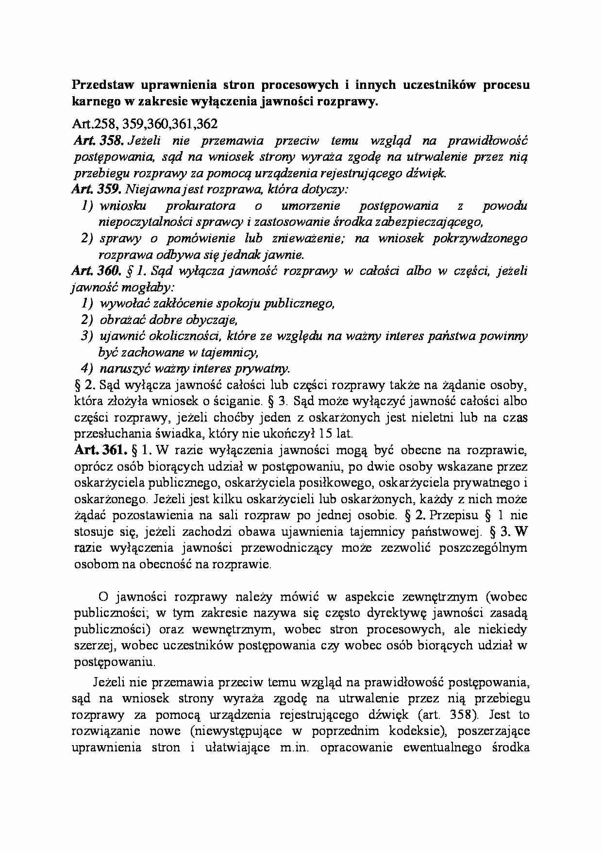 Uprawnienia stron procesowych i innych uczestników procesu karnego w zakresie wyłączenia jawności rozprawy-opracowanie - strona 1