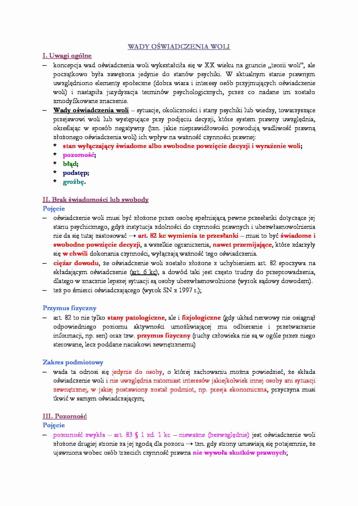 Wady oświadczenia woli-opracowanie - strona 1