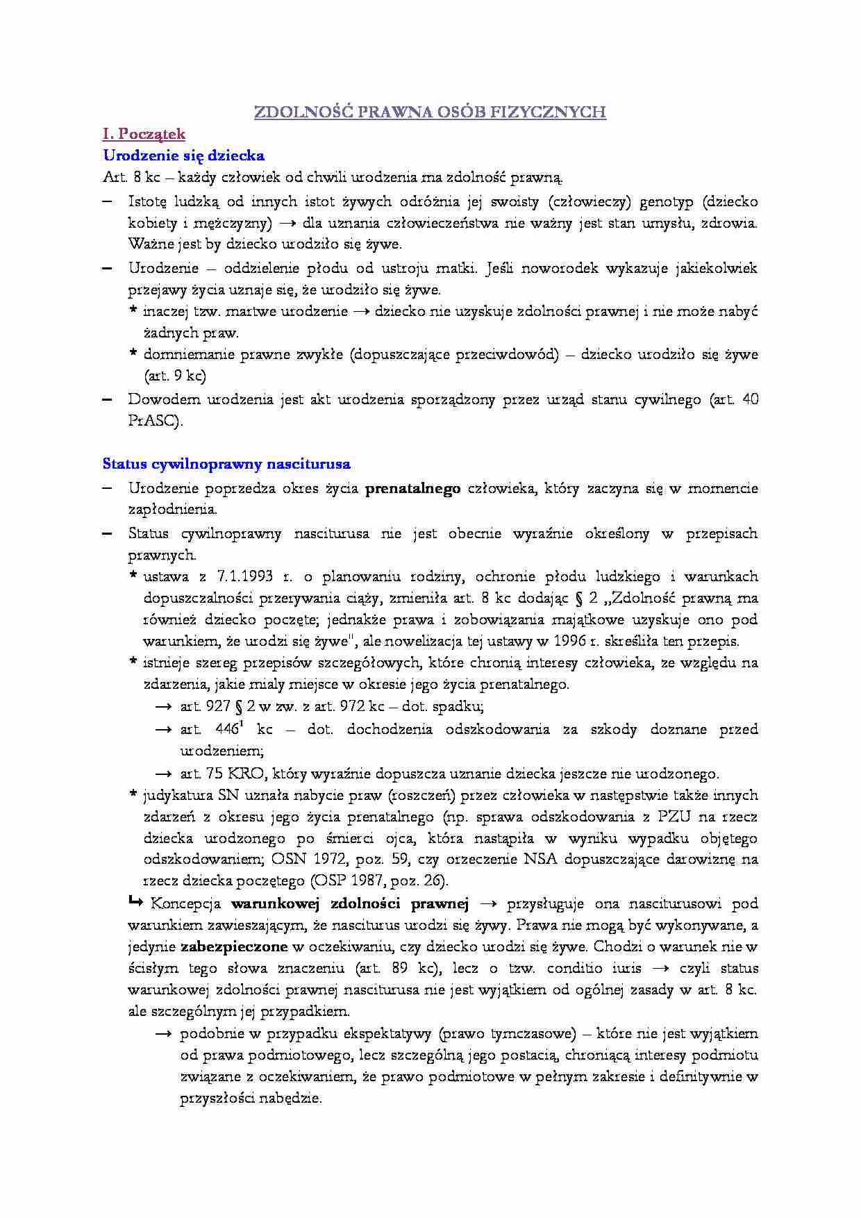 Zdolność prawna osób fizycznych-opracowanie - strona 1