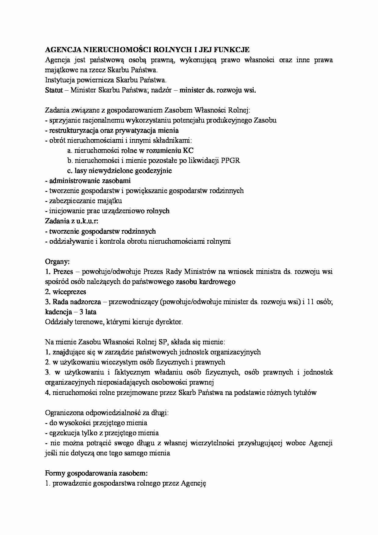 Agencja nieruchomości rolnych i jej funkcje-opracowanie - strona 1